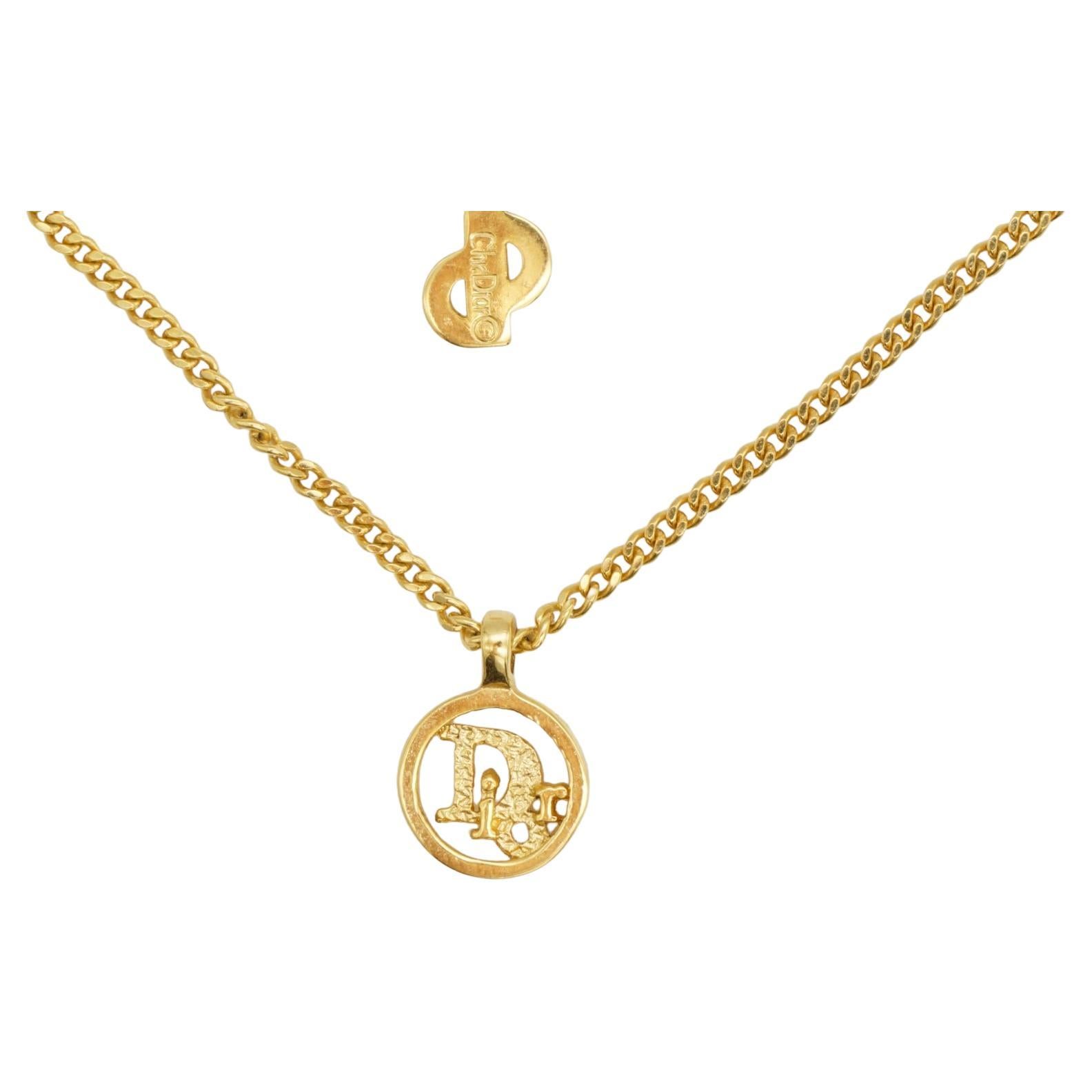 Christian Dior Vintage 1980 Gold Textured Logo Monogram Circle Openwork Necklace For Sale