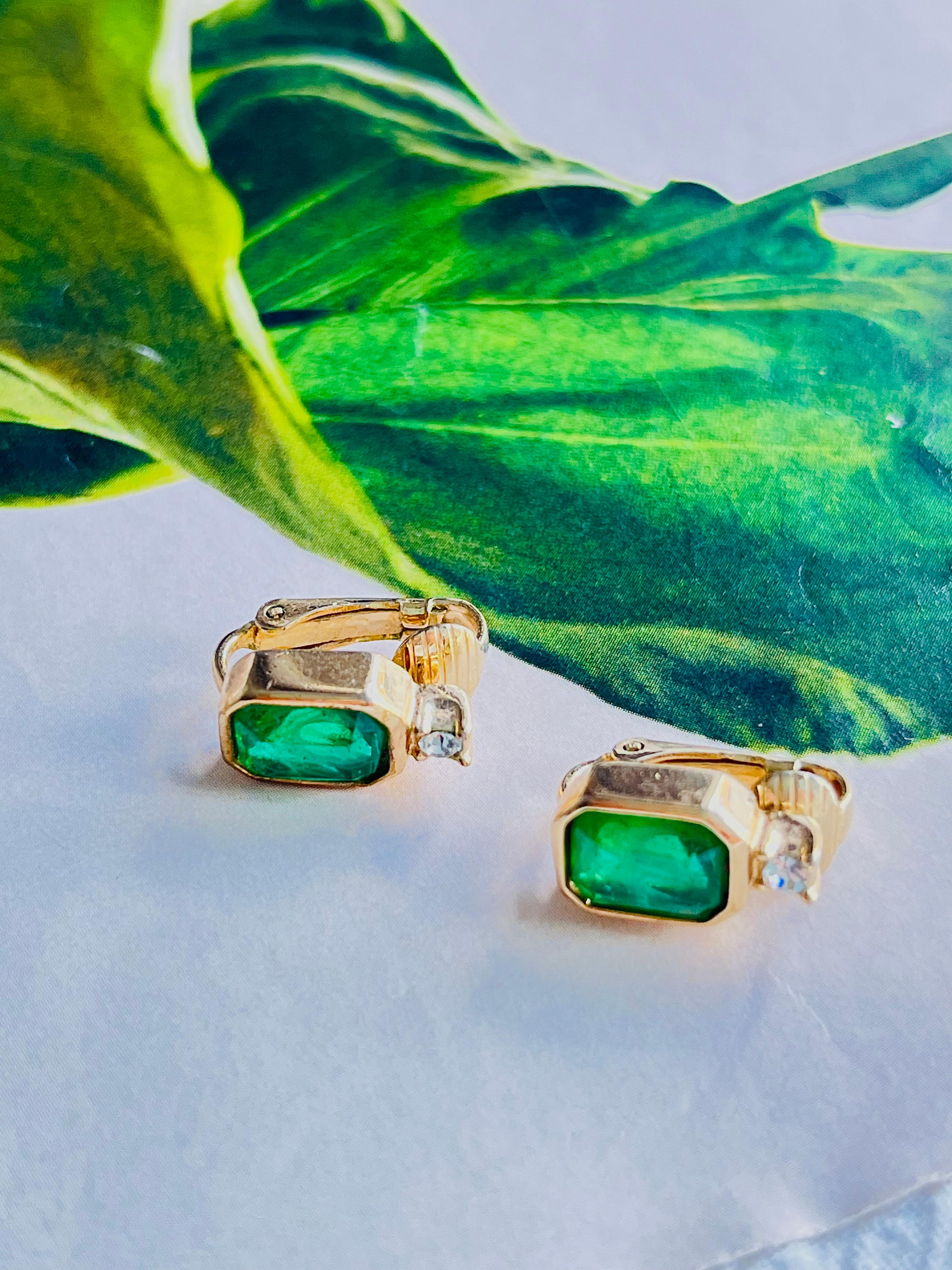 Art Deco Christian Dior Vintage 1980 Gripoix Emerald Clear Crystal Octagon Clip Earrings