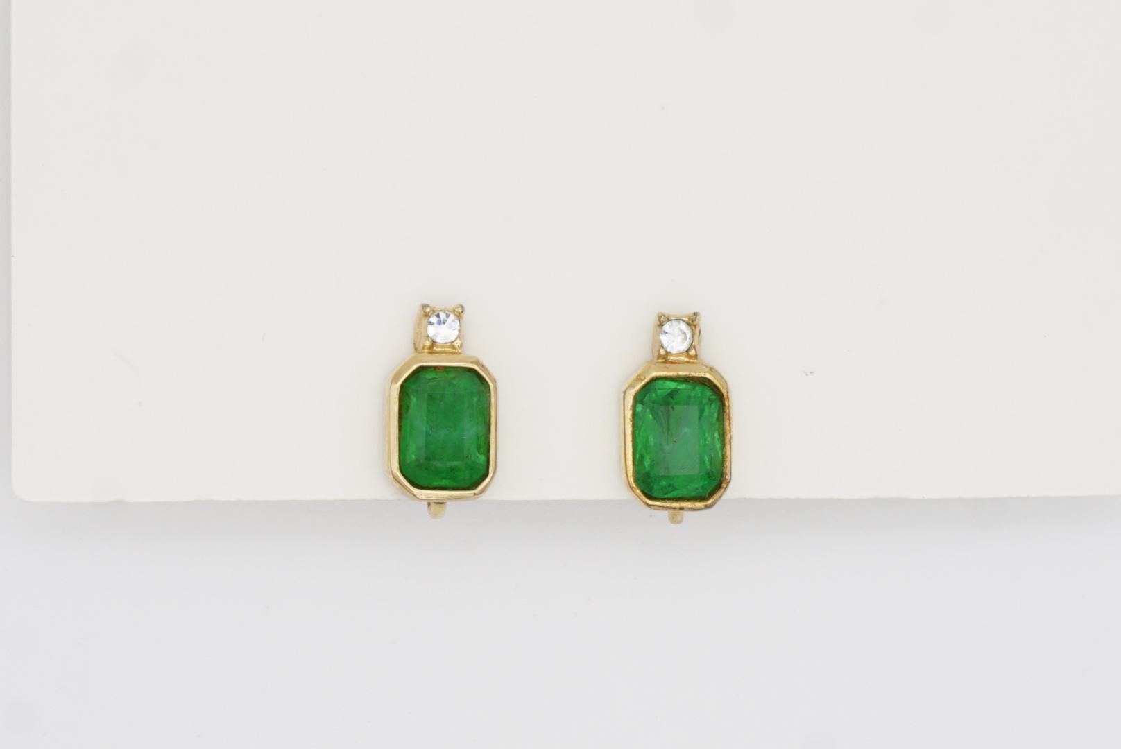 Christian Dior Vintage 1980 Gripoix Emerald Clear Crystal Octagon Clip Earrings 2
