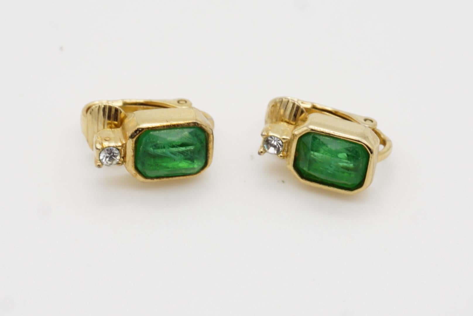 Christian Dior Vintage 1980 Gripoix Emerald Clear Crystal Octagon Clip Earrings 4