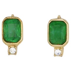 Christian Dior Vintage 1980 Gripoix Emerald Clear Crystal Octagon Clip Earrings