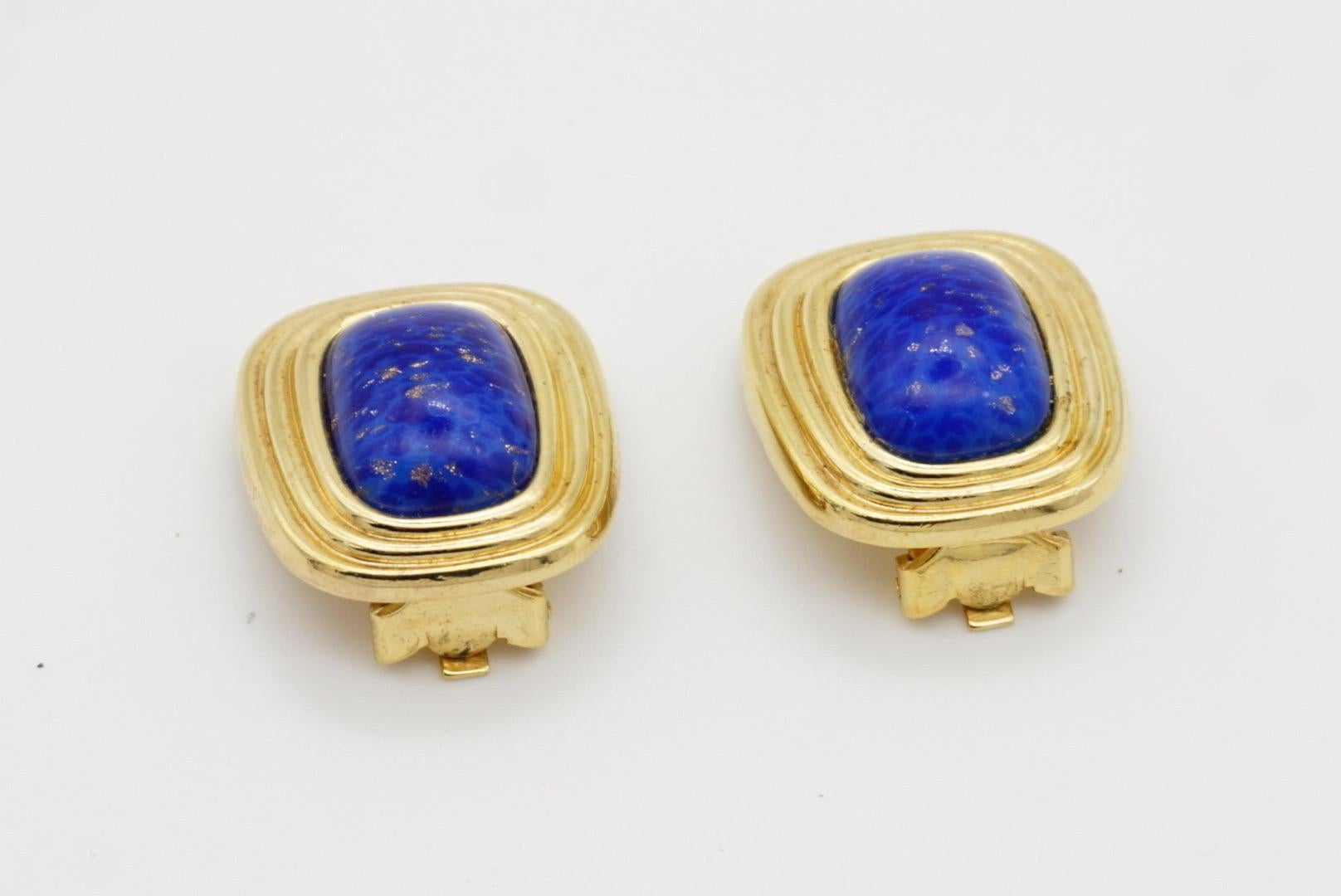 Christian Dior Vintage 1980 Gripoix Lapis Navy Cabochon Rectangle Clip Earrings For Sale 5