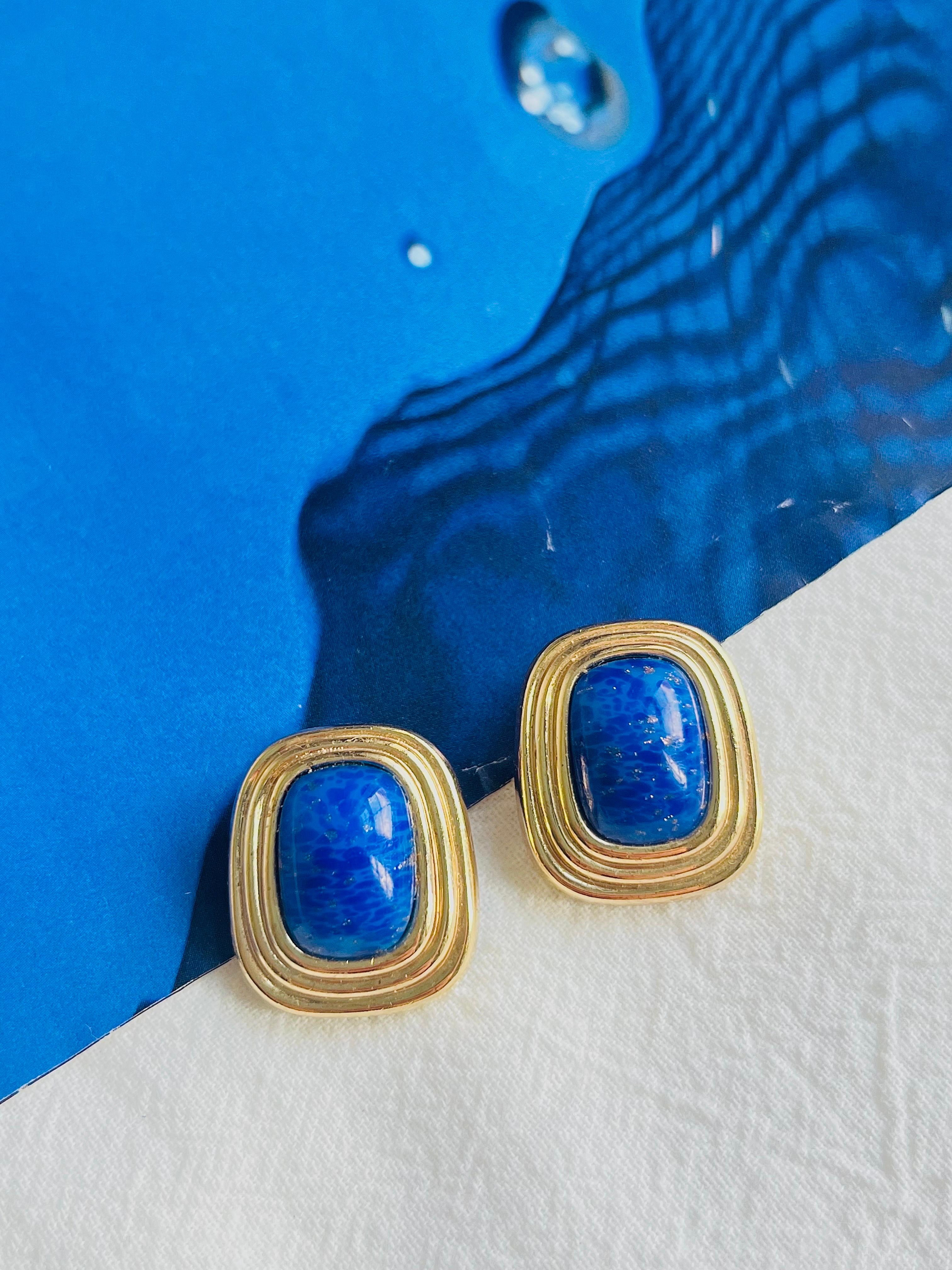 Art Deco Christian Dior Vintage 1980 Gripoix Lapis Navy Cabochon Rectangle Clip Earrings For Sale