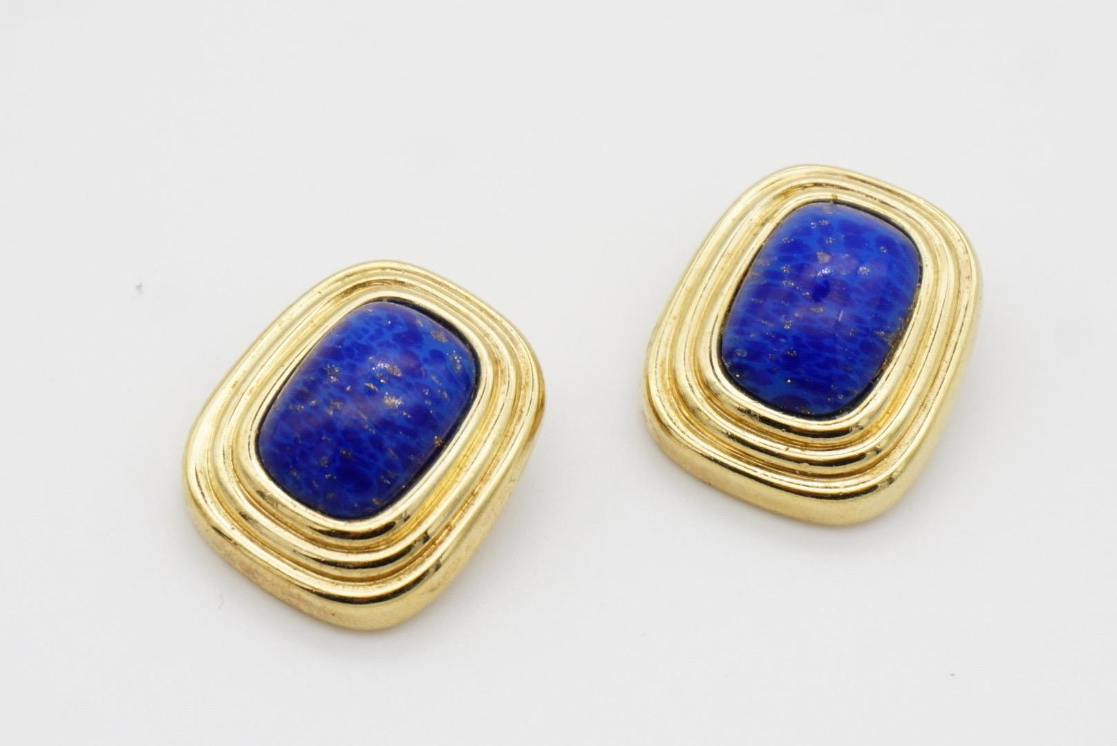 Christian Dior Vintage 1980 Gripoix Lapis Navy Cabochon Rectangle Clip Earrings For Sale 3