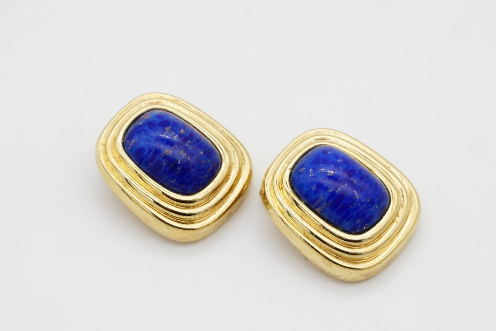 Christian Dior Vintage 1980 Gripoix Lapis Navy Cabochon Rectangle Clip Earrings For Sale 4