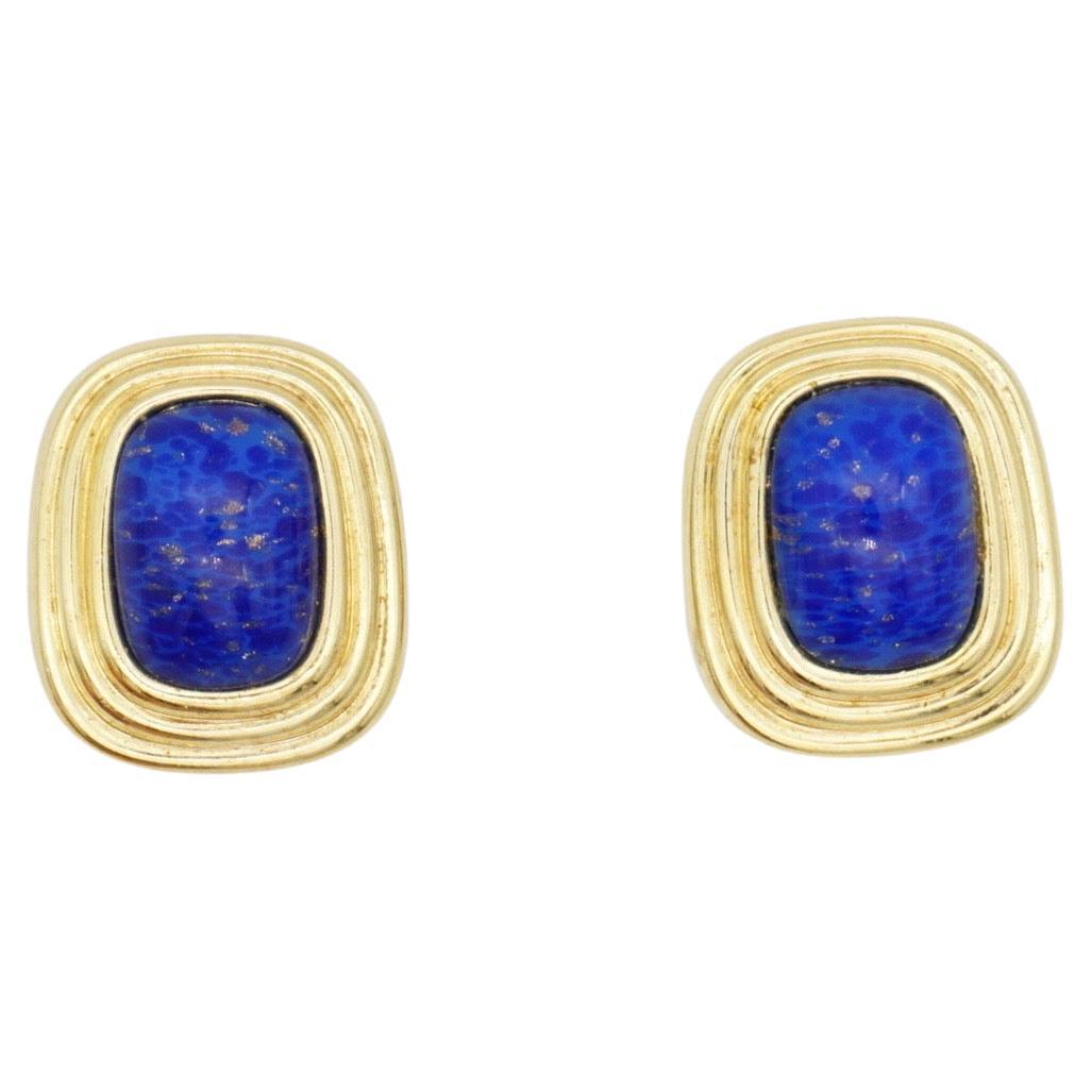 Christian Dior Vintage 1980 Gripoix Lapis Navy Cabochon Rectangle Clip Earrings For Sale