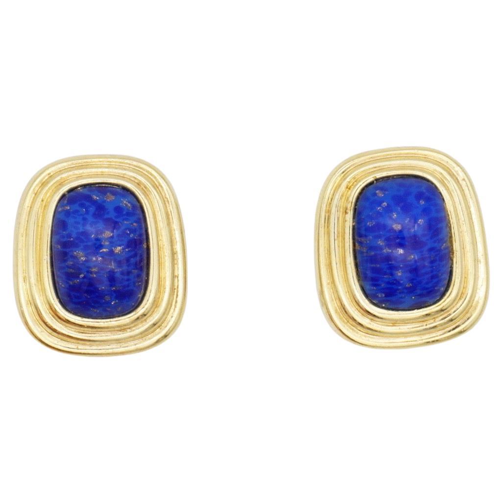 Christian Dior Vintage 1980 Gripoix Lapis Navy Cabochon Rettangolo Orecchini a Clip