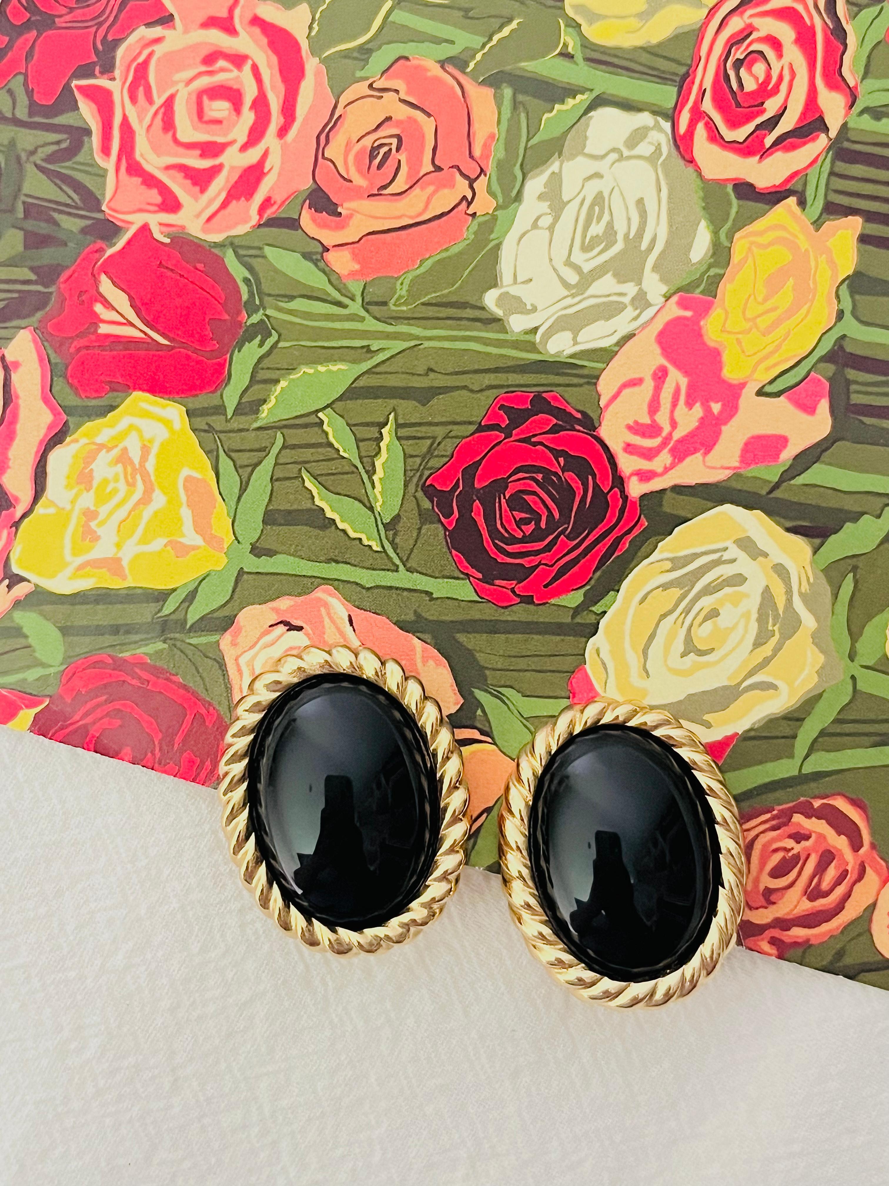 Art Deco Christian Dior Vintage 1980 Huge Massive Black Enamel Oval Spiral Gold Earrings