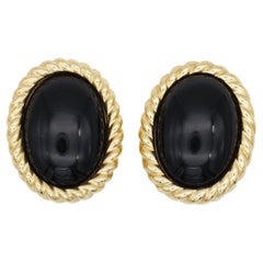 Christian Dior Vintage 1980 Huge Massive Black Enamel Oval Spiral Gold Earrings