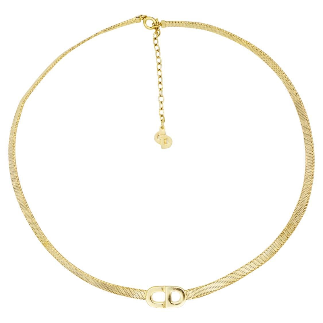 Christian Dior Vintage 1980 Iconic Logo CD Monogram Pendant Mesh Woven Necklace For Sale