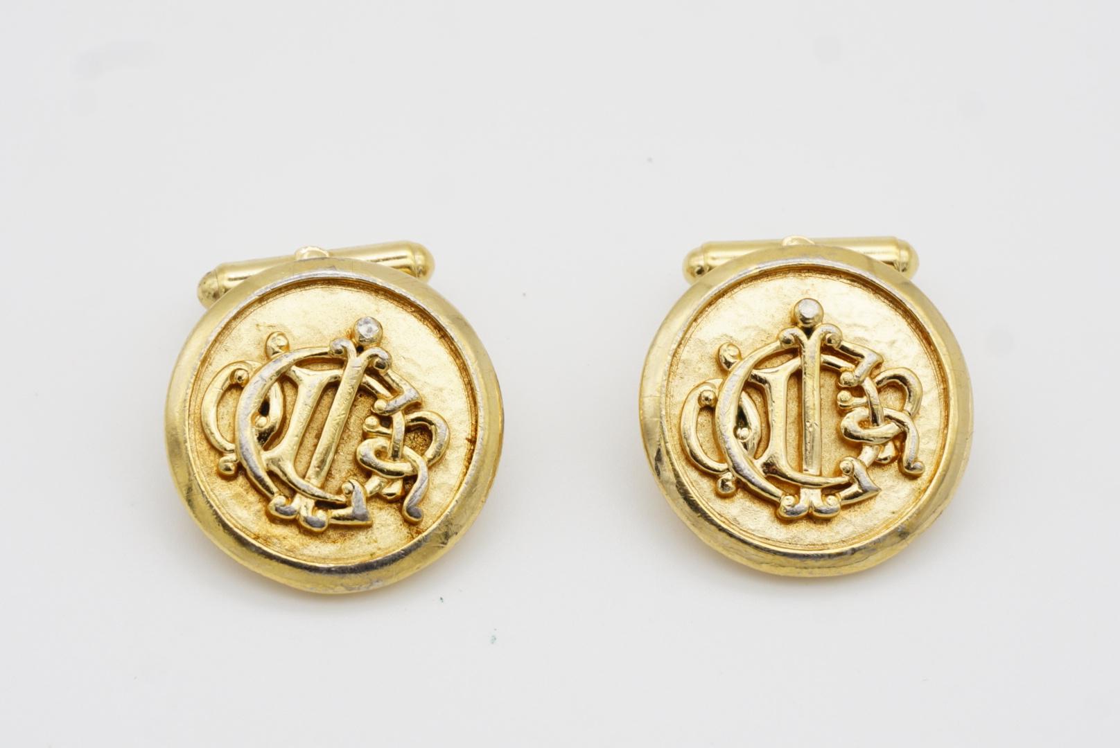 Christian Dior Vintage 1980 Insignia Initial Monogram Logo Circle Gold Cufflinks In Good Condition In Wokingham, England