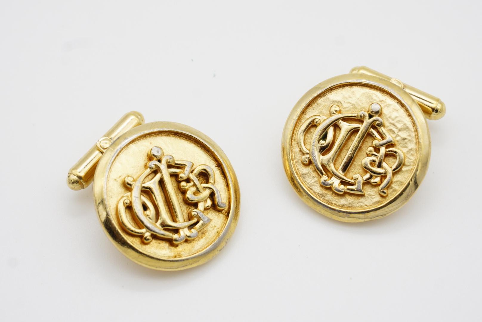 Christian Dior Vintage 1980 Insignia Initial Monogram Logo Circle Gold Cufflinks 1