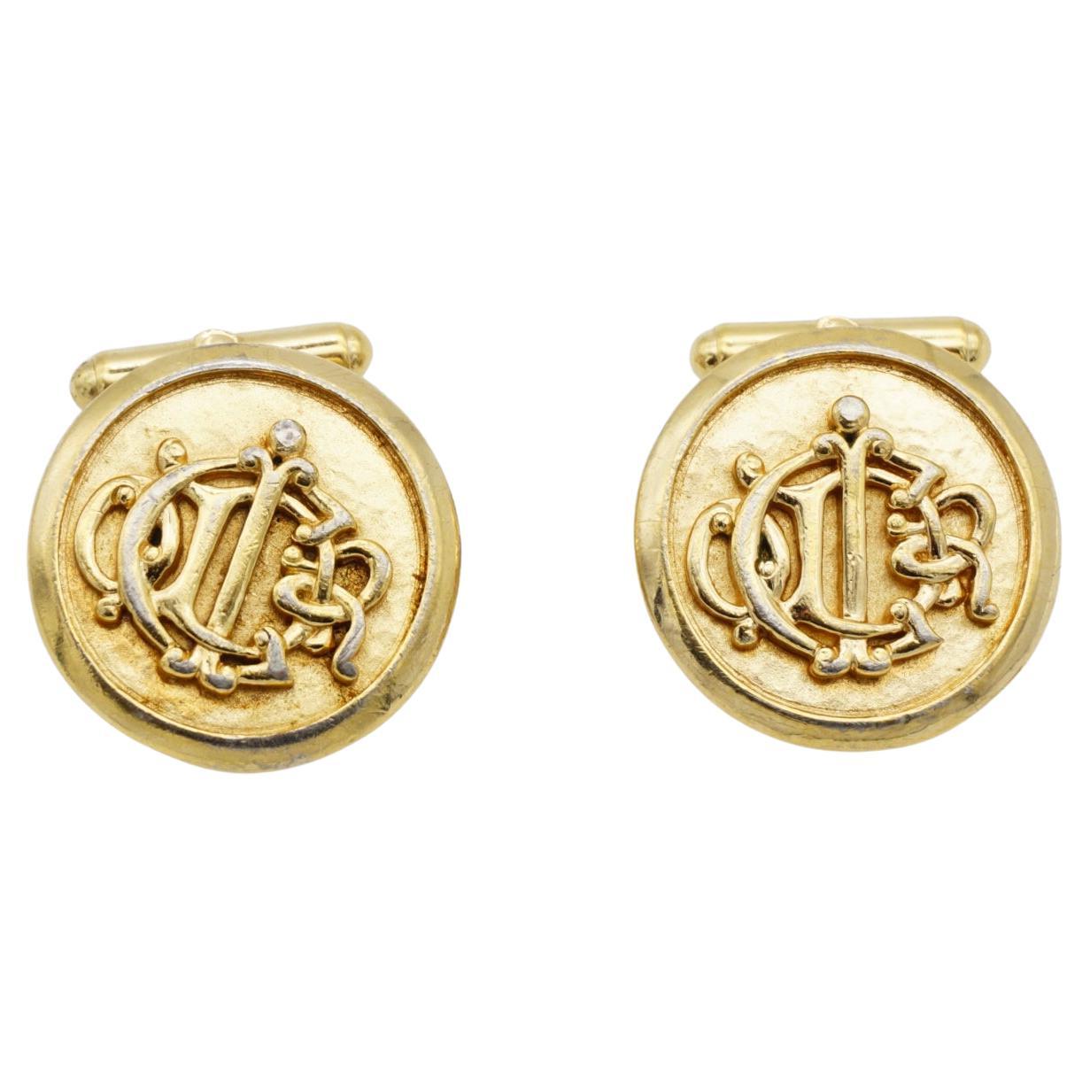 Christian Dior Vintage 1980 Insignia Initial Monogram Logo Circle Gold Cufflinks For Sale