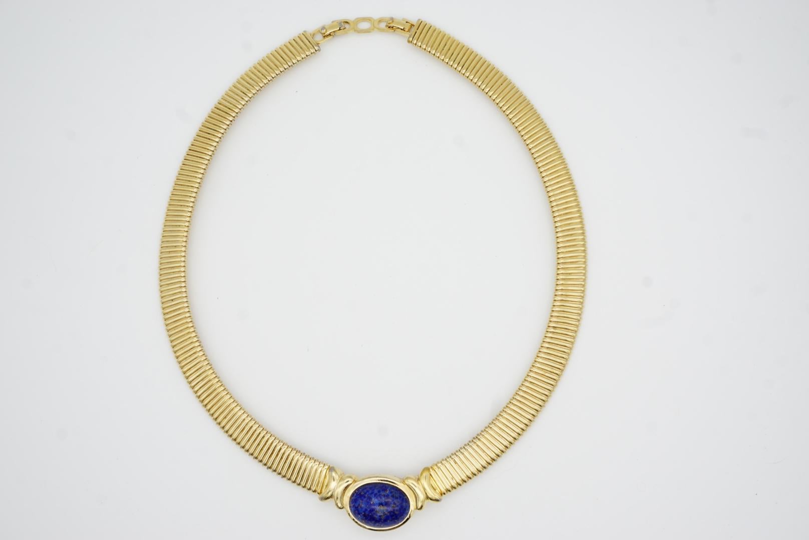 Christian Dior Vintage 1980 Lapis Foil Oval Cabochon Omega Collar Gold Necklace 5
