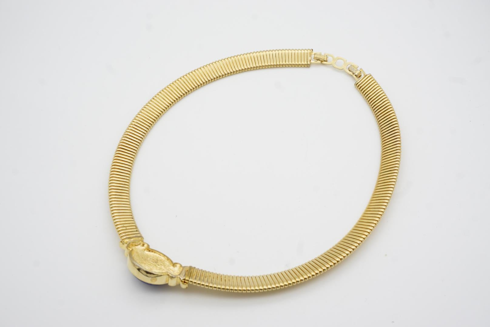 Christian Dior Vintage 1980 Lapis Foil Oval Cabochon Omega Collar Gold Necklace 7