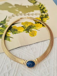 Christian Dior Vintage 1980 Lapis Foil Oval Cabochon Omega Collar Gold Necklace