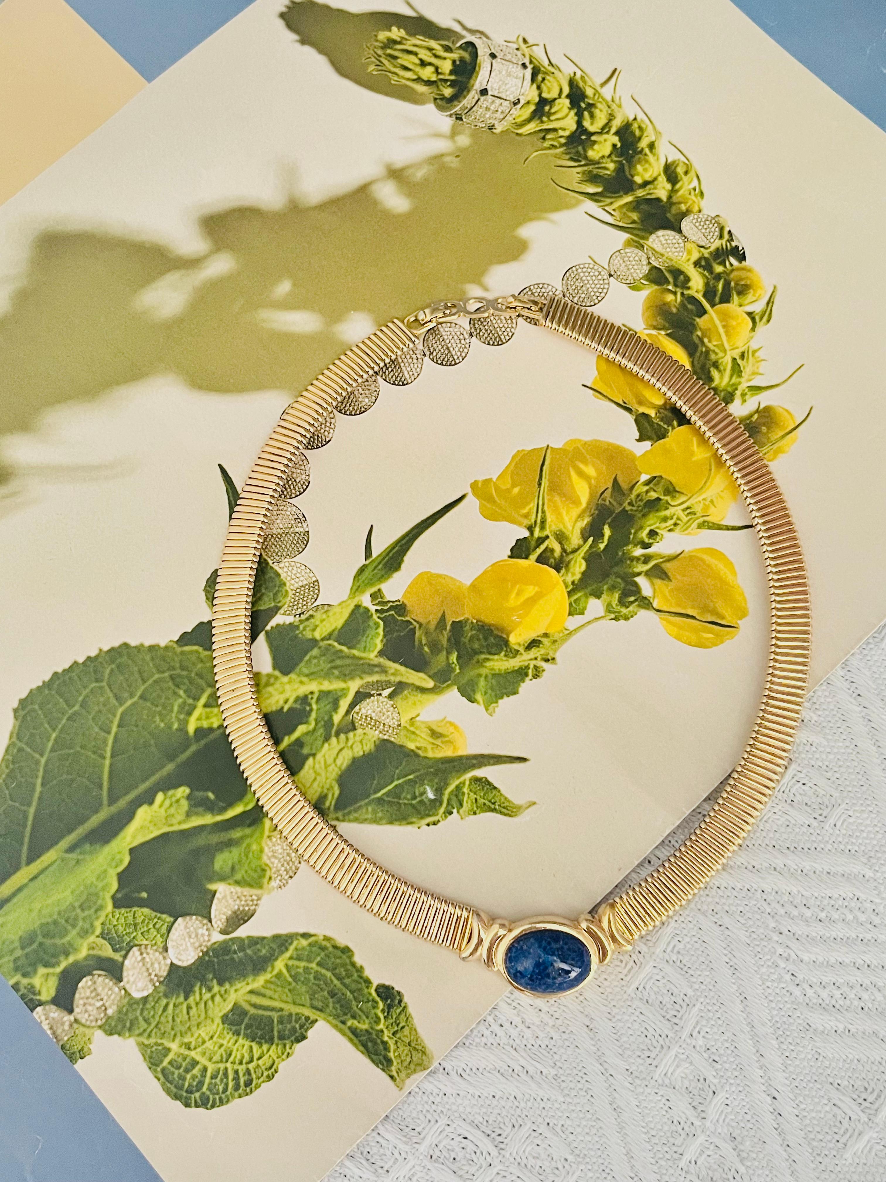 Art Deco Christian Dior Vintage 1980 Lapis Foil Oval Cabochon Omega Collar Gold Necklace