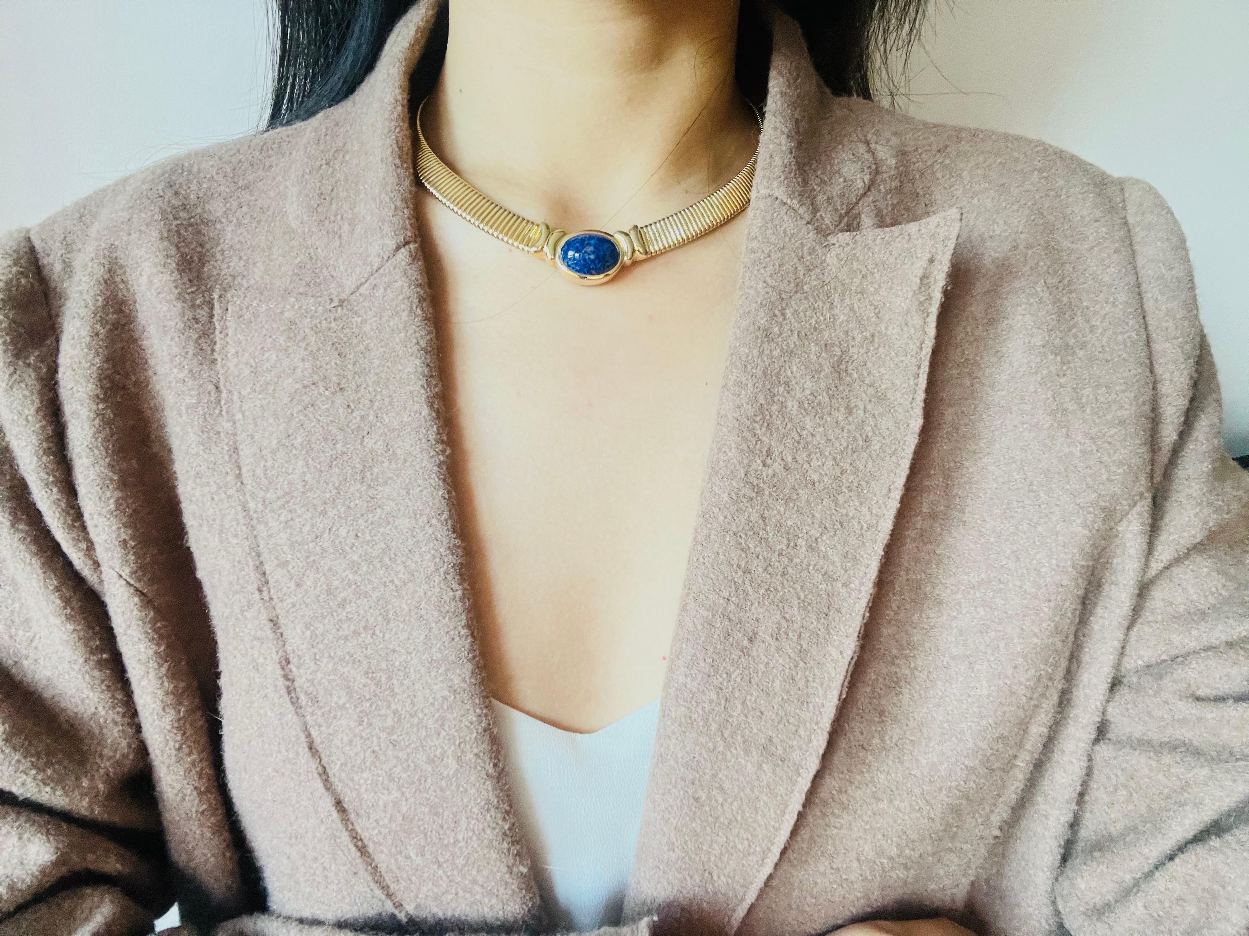 Christian Dior Vintage 1980 Lapis Foil Oval Cabochon Omega Collar Gold Necklace 1