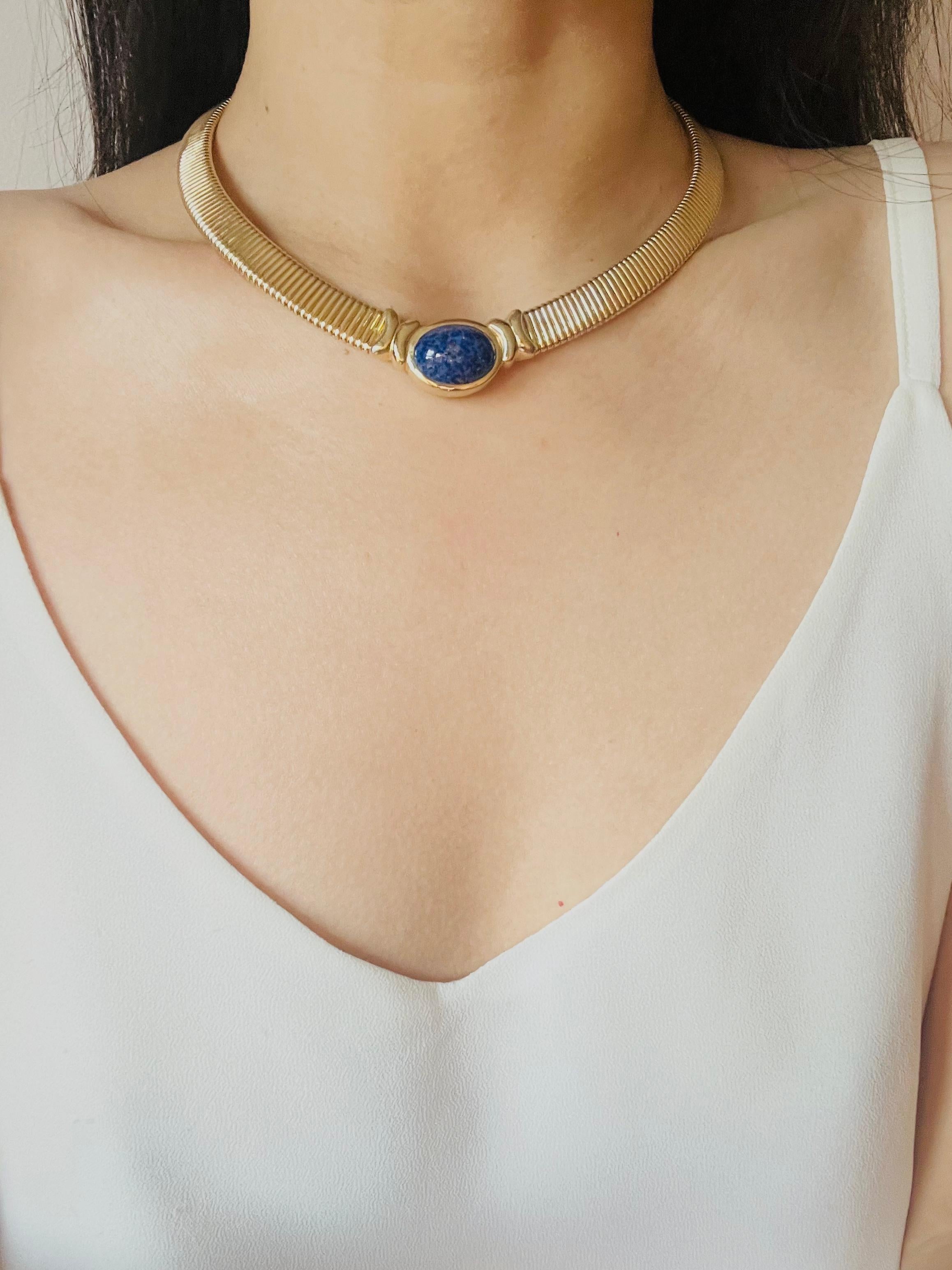 Christian Dior Vintage 1980 Lapis Foil Oval Cabochon Omega Collar Gold Necklace 2