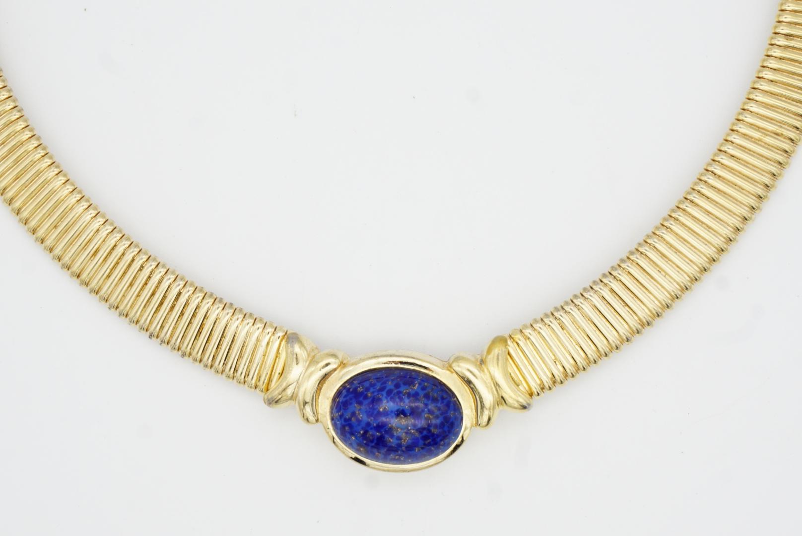 Christian Dior Vintage 1980 Lapis Foil Oval Cabochon Omega Collar Gold Necklace 3