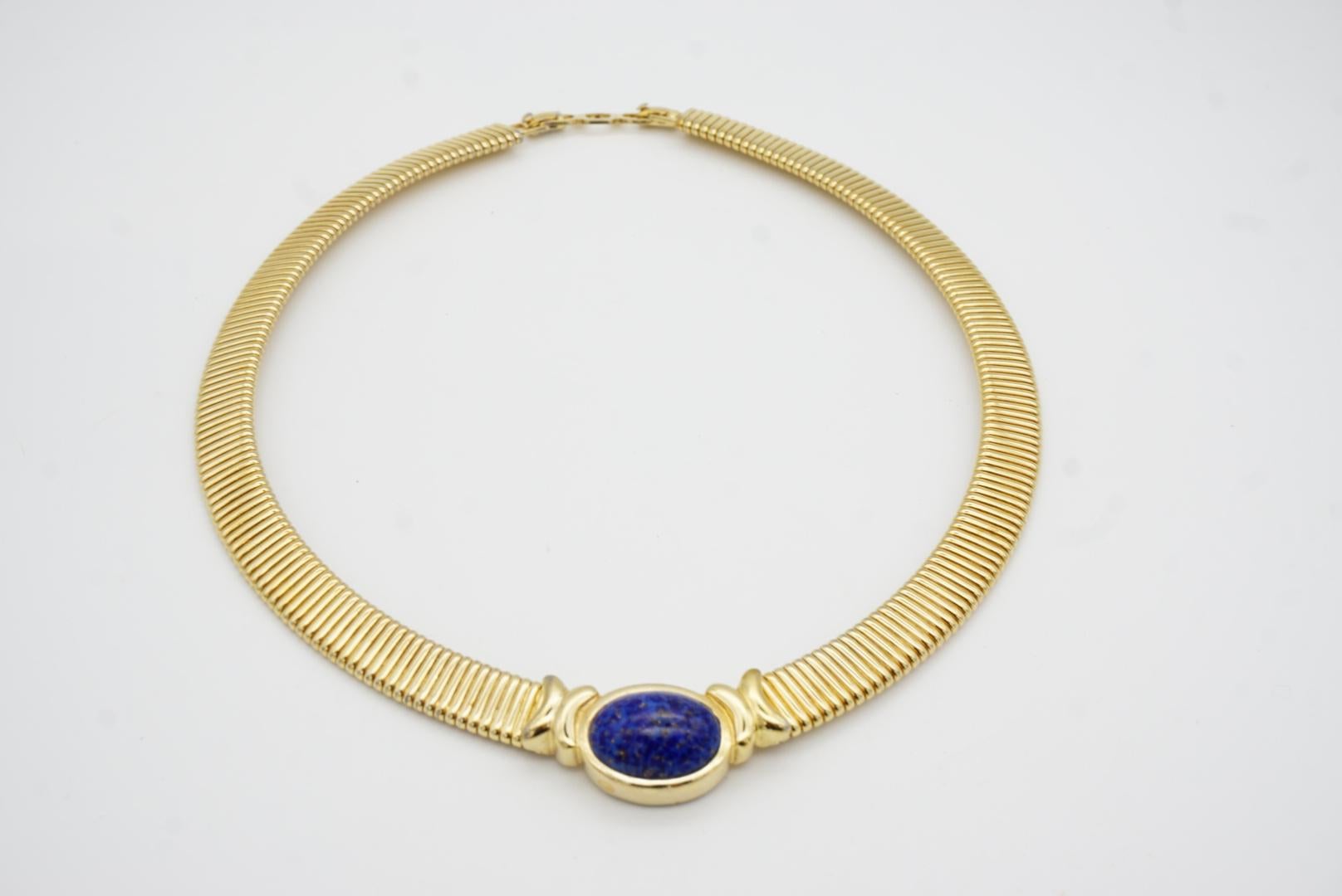 Christian Dior Vintage 1980 Lapis Foil Oval Cabochon Omega Collar Gold Necklace 4