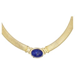 Christian Dior Vintage 1980 Lapis Foil Oval Cabochon Omega Collar Gold Necklace