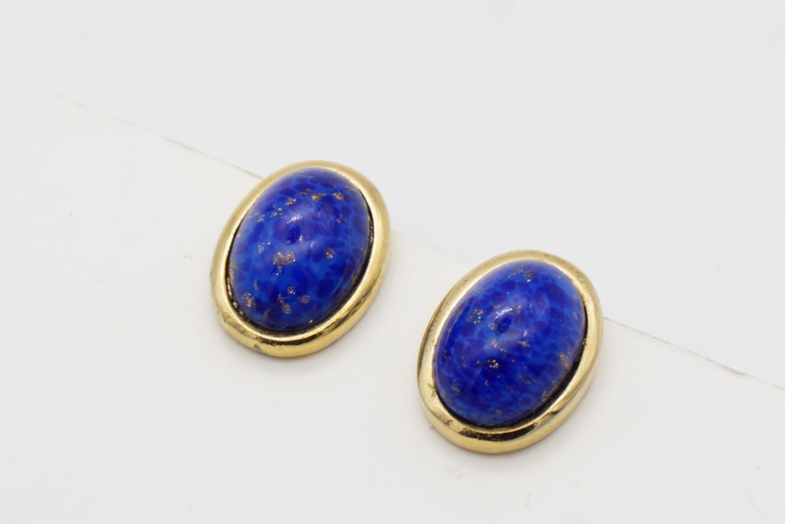 Christian Dior Vintage 1980 Lapis Navy Oval Foil Pearl Stone Gold Clip Earrings For Sale 5