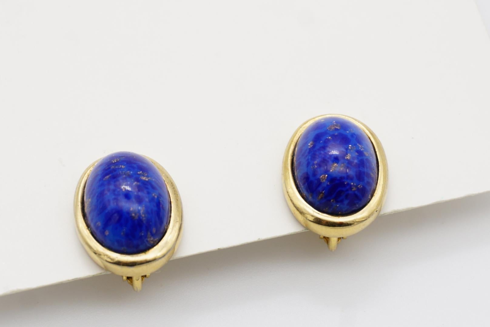 Christian Dior Vintage 1980 Lapis Navy Oval Foil Pearl Stone Gold Clip Earrings For Sale 6
