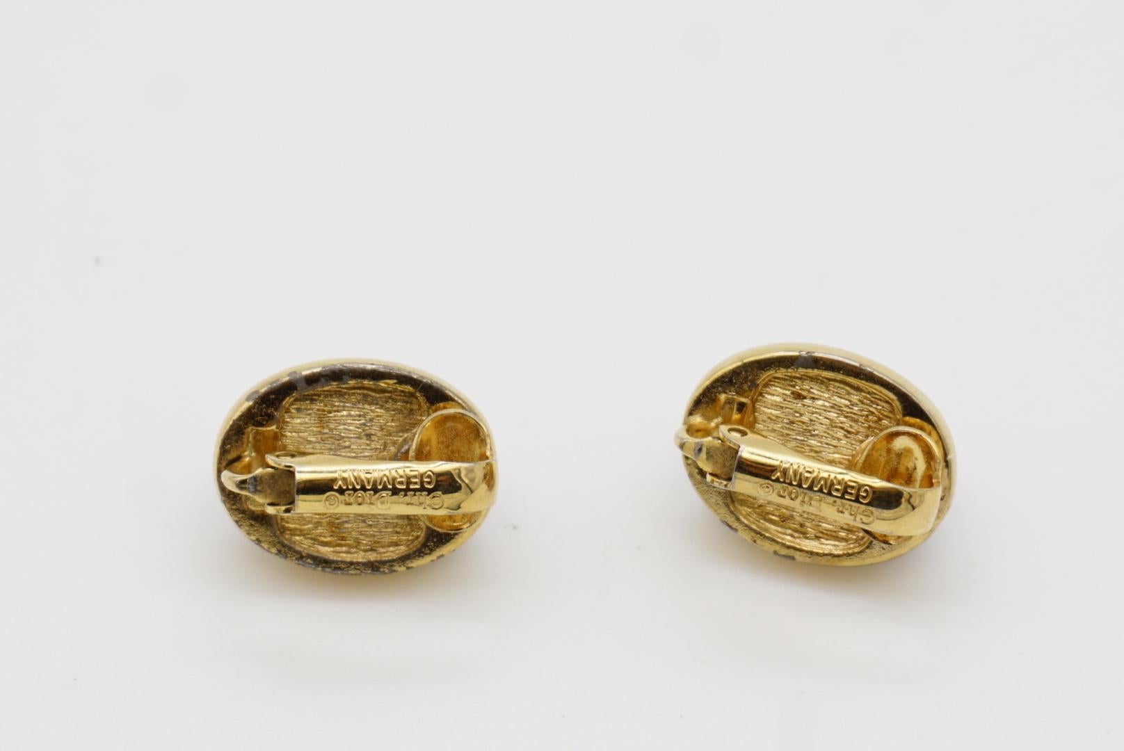 Christian Dior Vintage 1980 Lapis Navy Oval Foil Pearl Stone Gold Clip Earrings For Sale 7