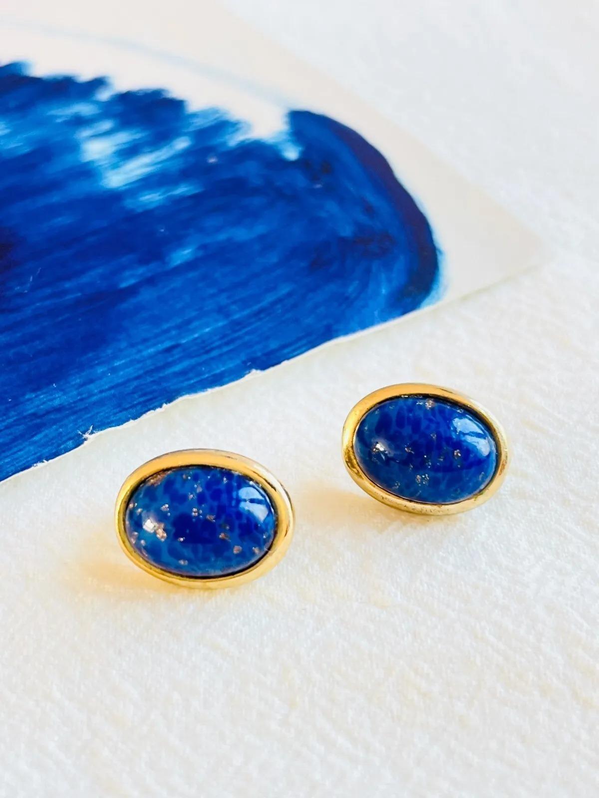 Art Deco Christian Dior Vintage 1980 Lapis Navy Oval Foil Pearl Stone Gold Clip Earrings For Sale