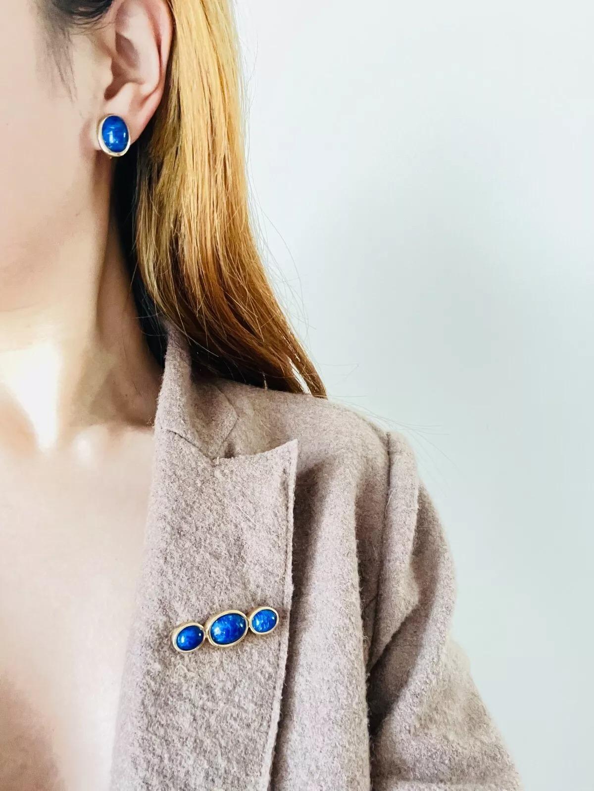 Christian Dior Vintage 1980 Lapis Navy Oval Foil Pearl Stone Gold Clip Earrings For Sale 1