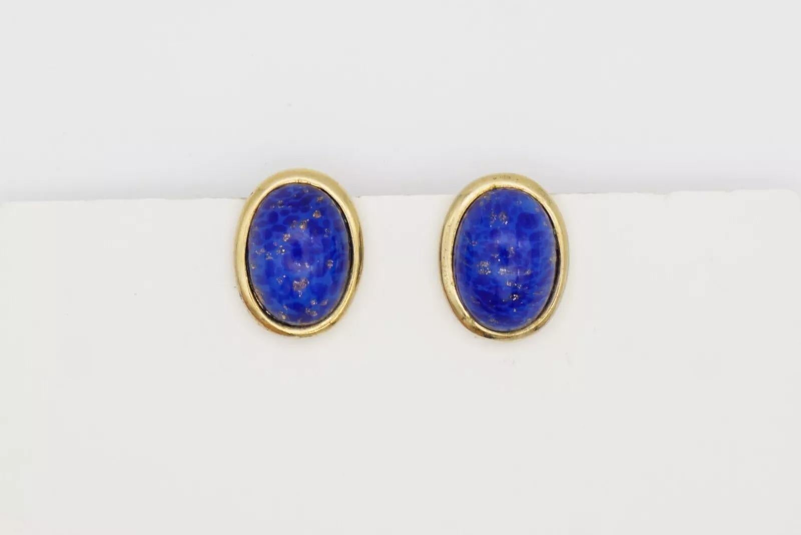 Christian Dior Vintage 1980 Lapis Navy Oval Foil Pearl Stone Gold Clip Earrings For Sale 4