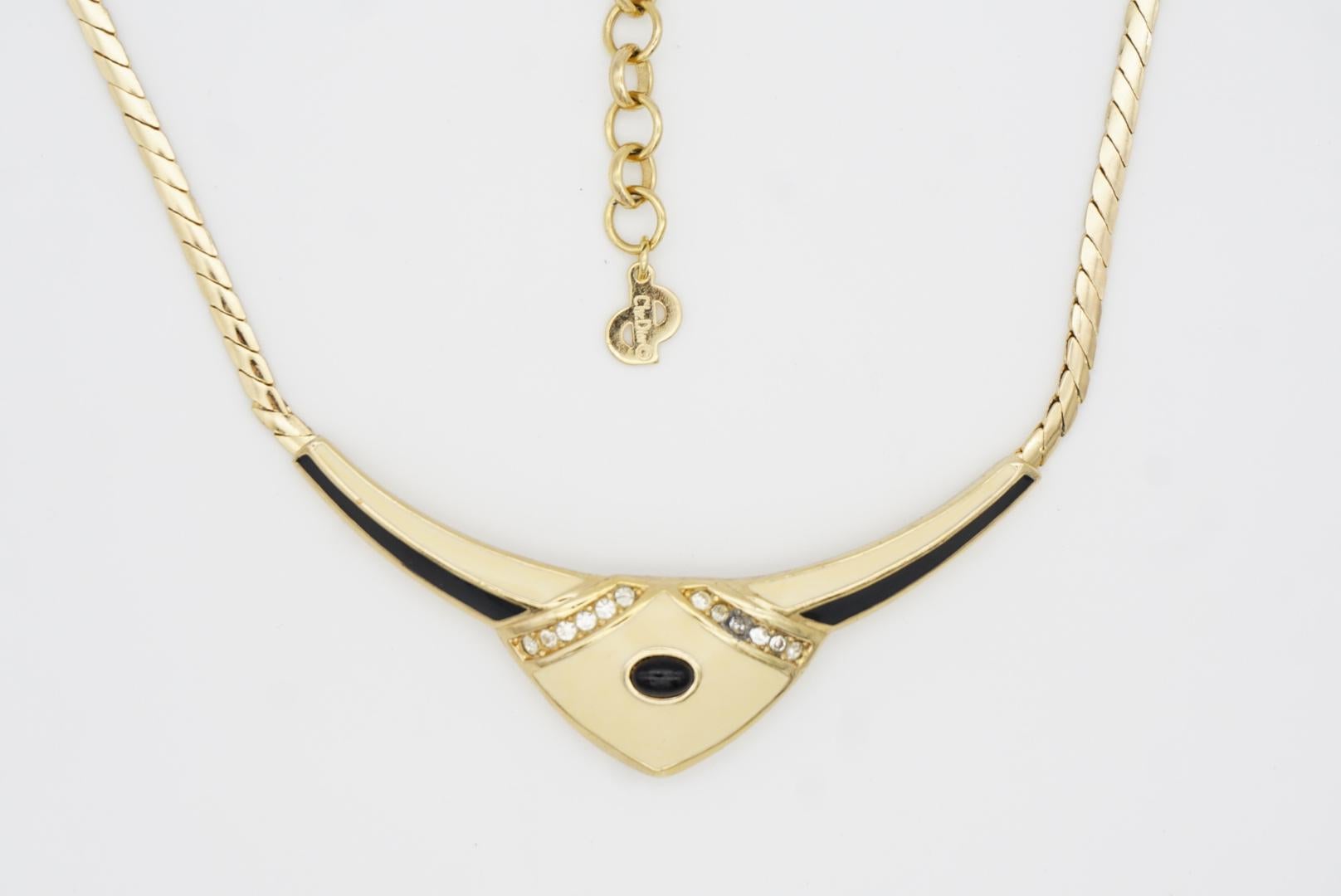 Christian Dior Vintage 1980 Collana con ciondolo a triangolo in cristallo nero beige di grandi dimensioni 4