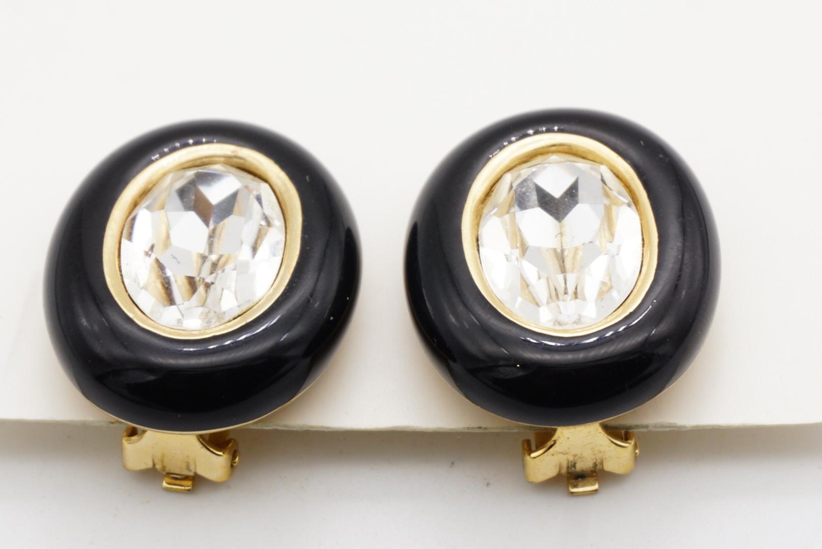 Christian Dior Vintage 1980 Großes Oval Schwarzes Klares Kristall Klipp-Ohrringe im Angebot 5