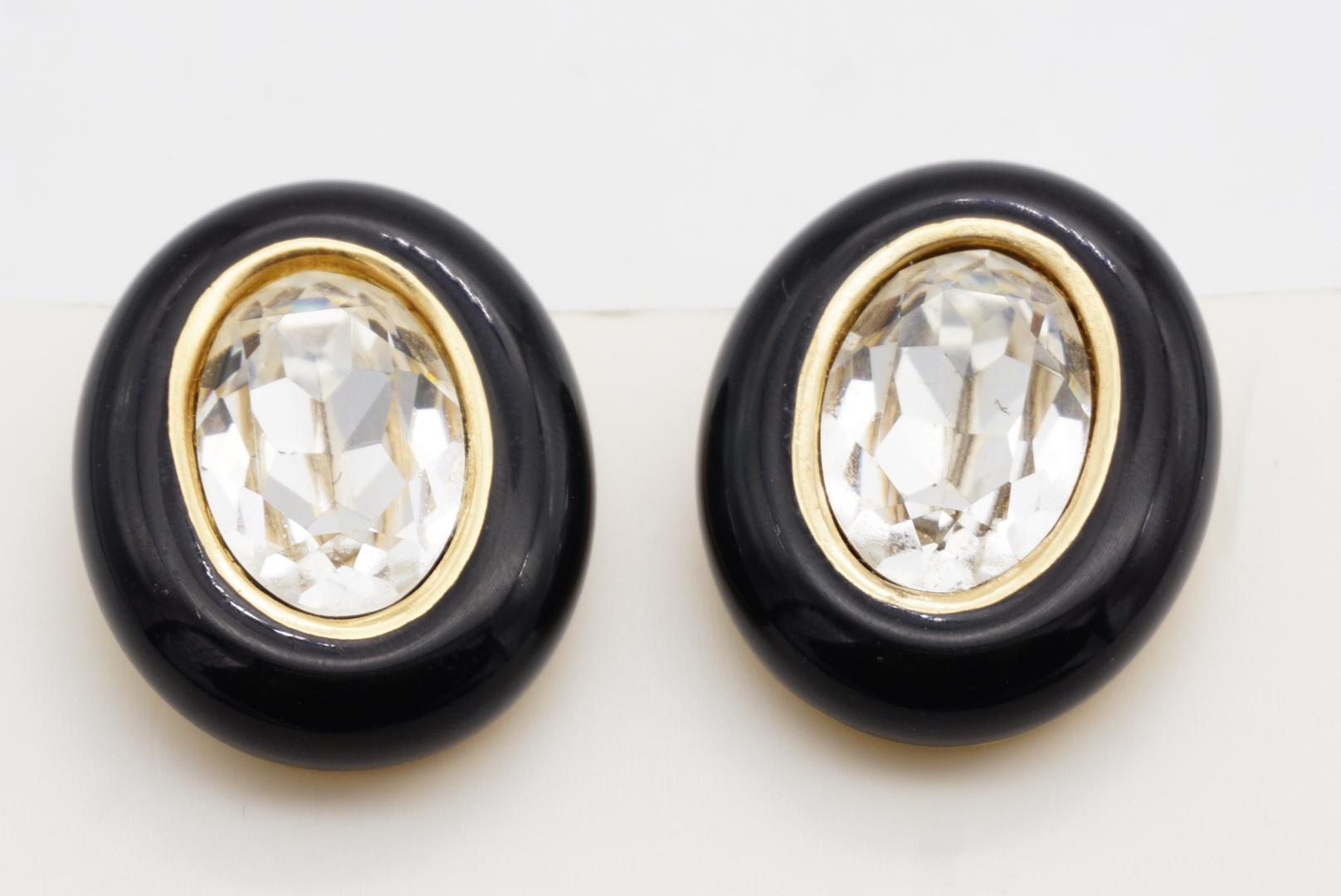 Christian Dior Vintage 1980 Großes Oval Schwarzes Klares Kristall Klipp-Ohrringe im Angebot 6