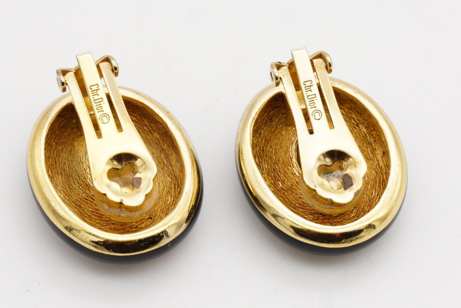 Christian Dior Vintage 1980 Großes Oval Schwarzes Klares Kristall Klipp-Ohrringe im Angebot 7