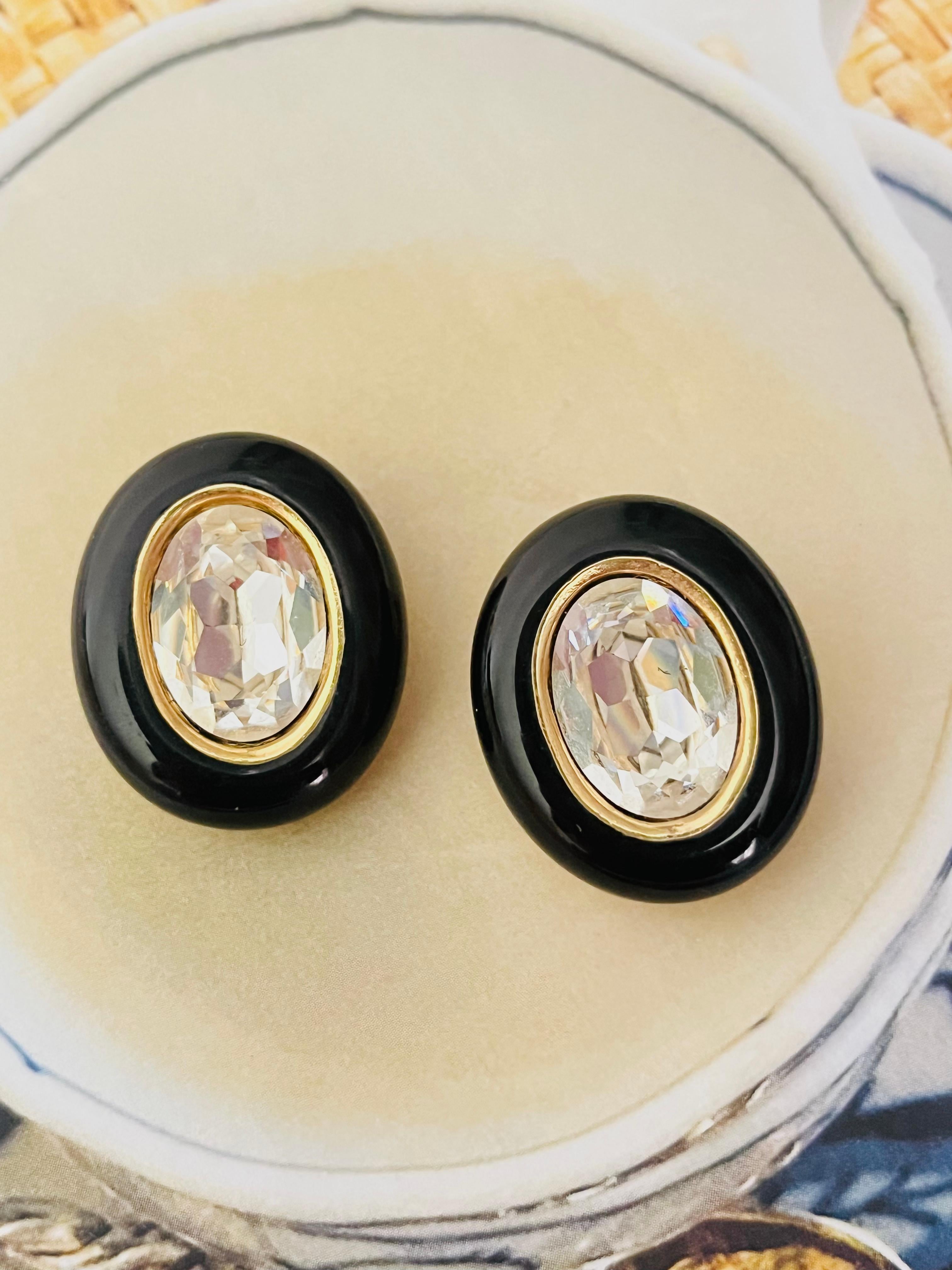 Christian Dior Vintage 1980 Großes Oval Schwarzes Klares Kristall Klipp-Ohrringe (Art déco) im Angebot