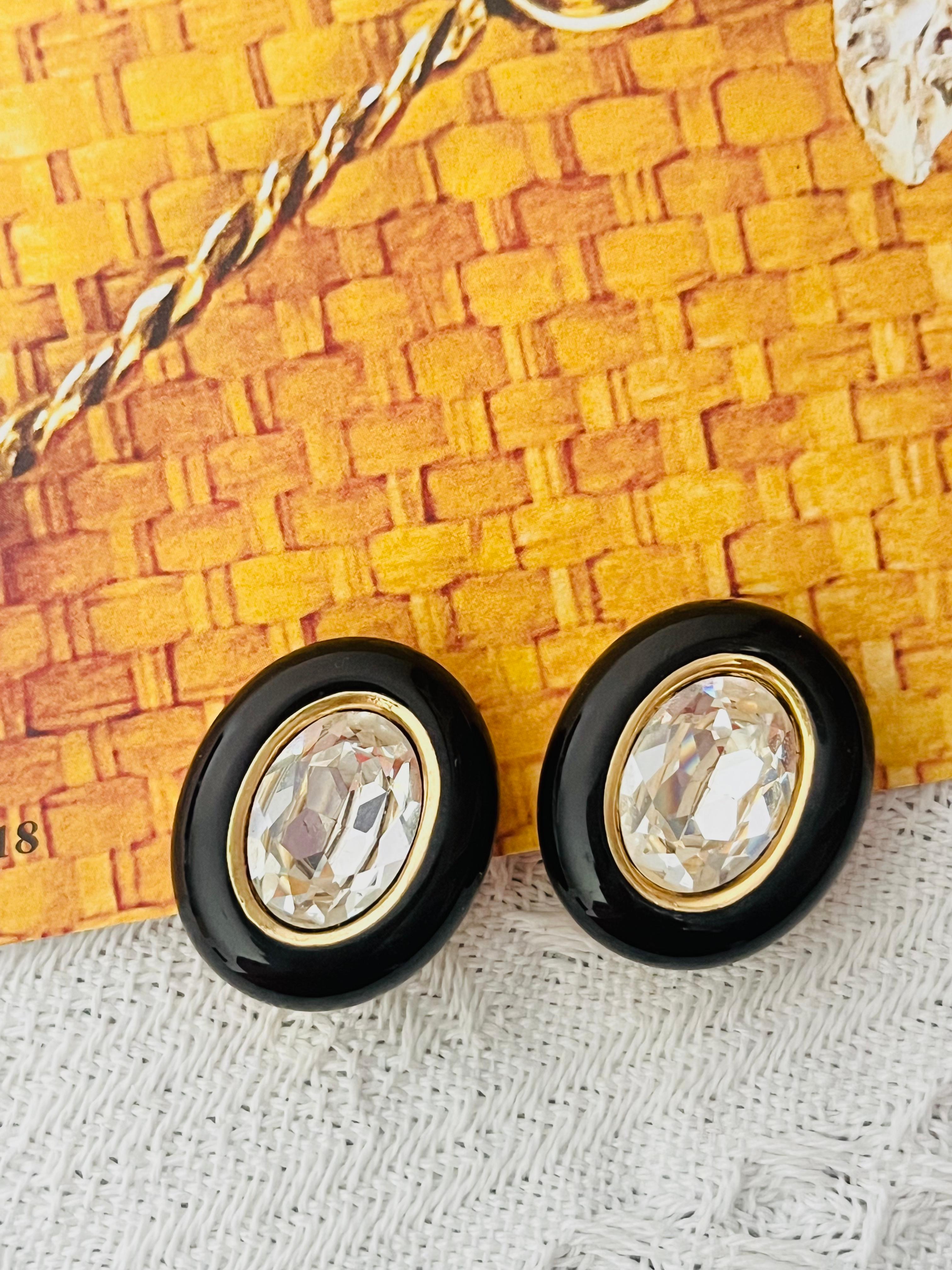 Christian Dior Vintage 1980 Großes Oval Schwarzes Klares Kristall Klipp-Ohrringe im Zustand „Hervorragend“ im Angebot in Wokingham, England