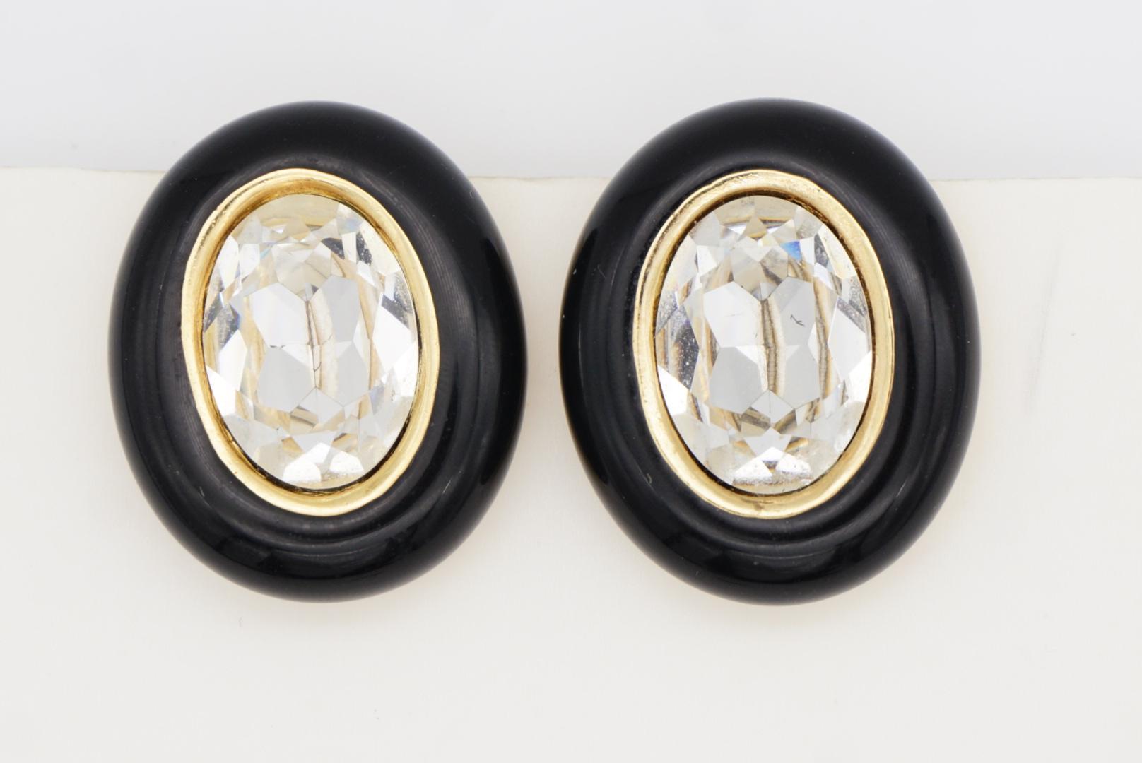 Christian Dior Vintage 1980 Großes Oval Schwarzes Klares Kristall Klipp-Ohrringe im Angebot 2