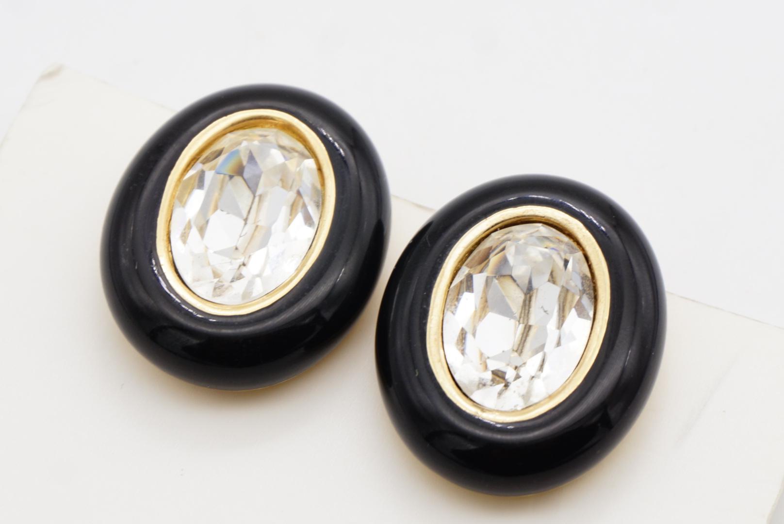 Christian Dior Vintage 1980 Großes Oval Schwarzes Klares Kristall Klipp-Ohrringe im Angebot 3