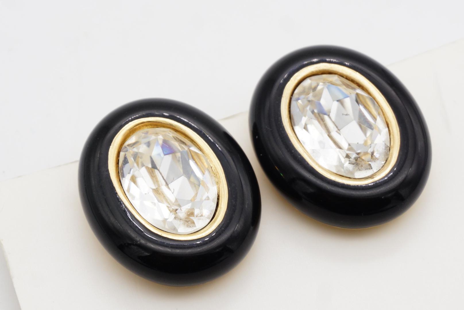 Christian Dior Vintage 1980 Großes Oval Schwarzes Klares Kristall Klipp-Ohrringe im Angebot 4