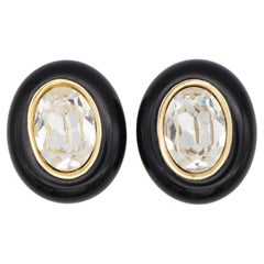 Christian Dior Vintage 1980 Großes Oval Schwarzes Klares Kristall Klipp-Ohrringe