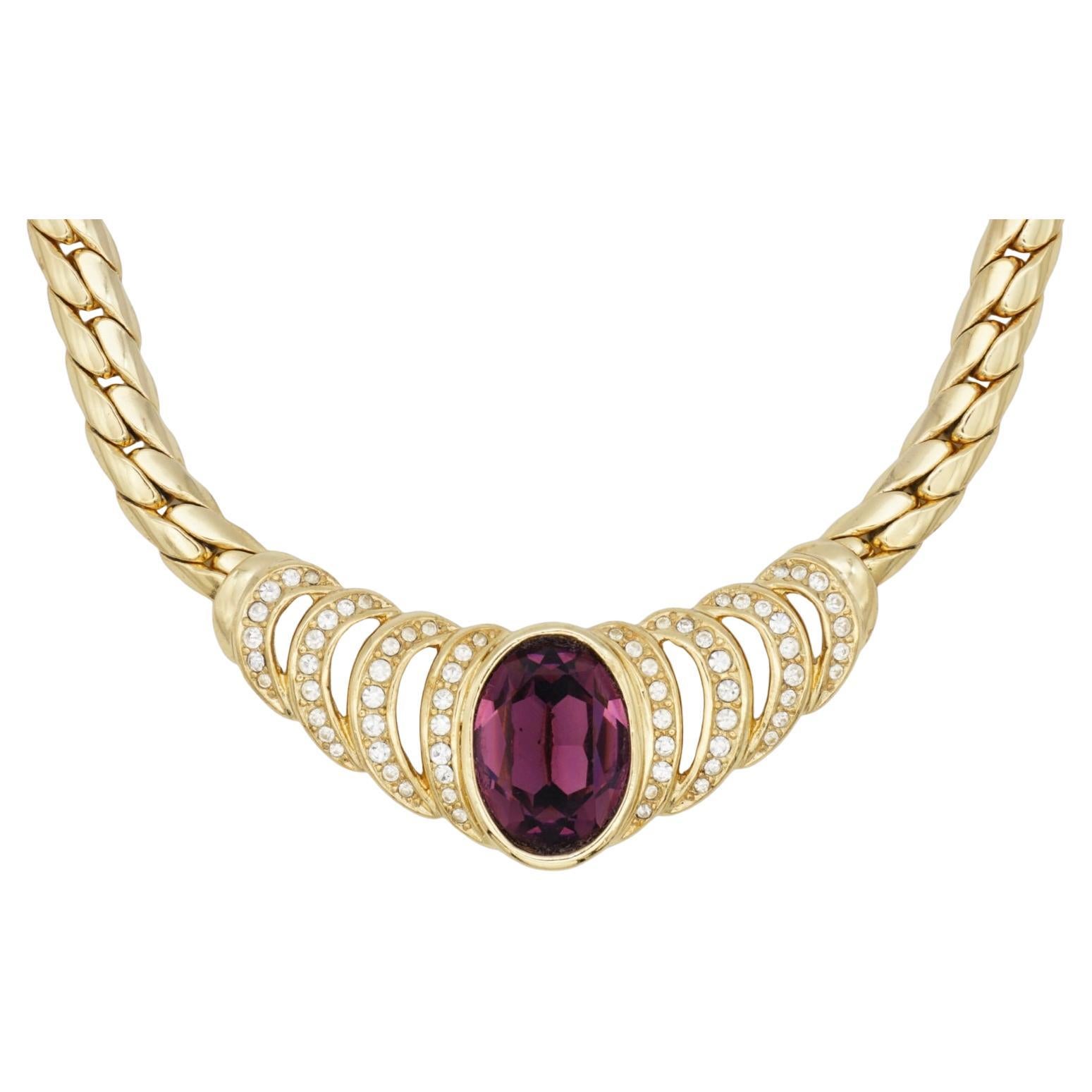 Christian Dior Vintage 1980 Collana grande ovale di cristallo ametista con cuore traforato