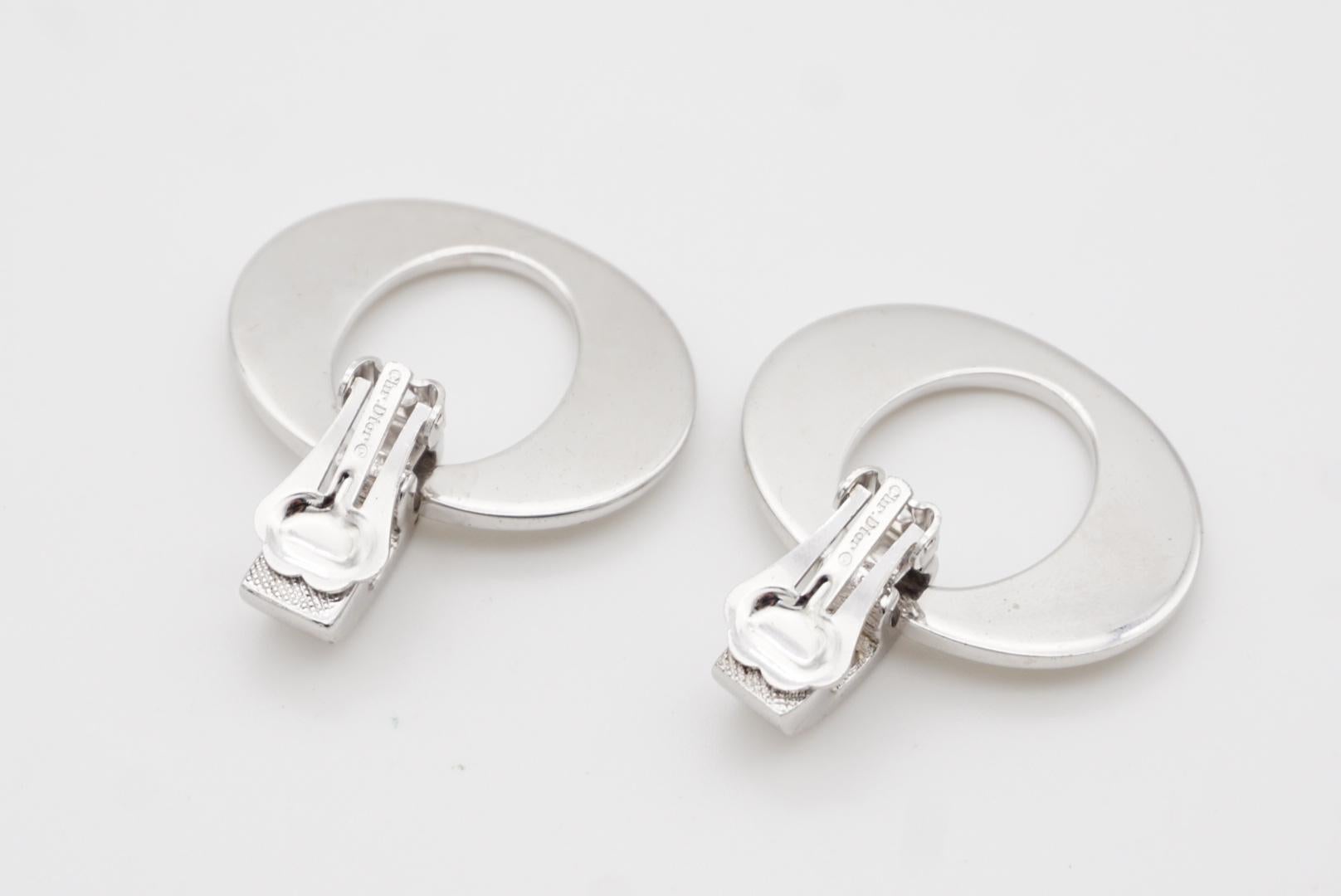 Christian Dior Vintage 1980 Large Oval Hoop Statement Silver Drop Clip Earrings 6