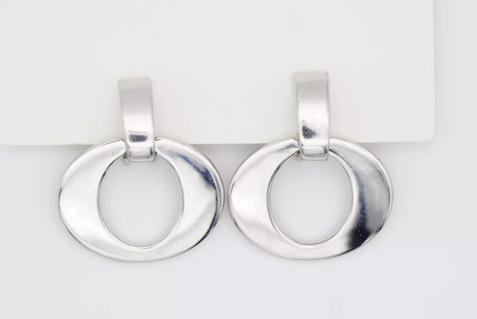 Christian Dior Vintage 1980 Large Oval Hoop Statement Silver Drop Clip Earrings For Sale 9