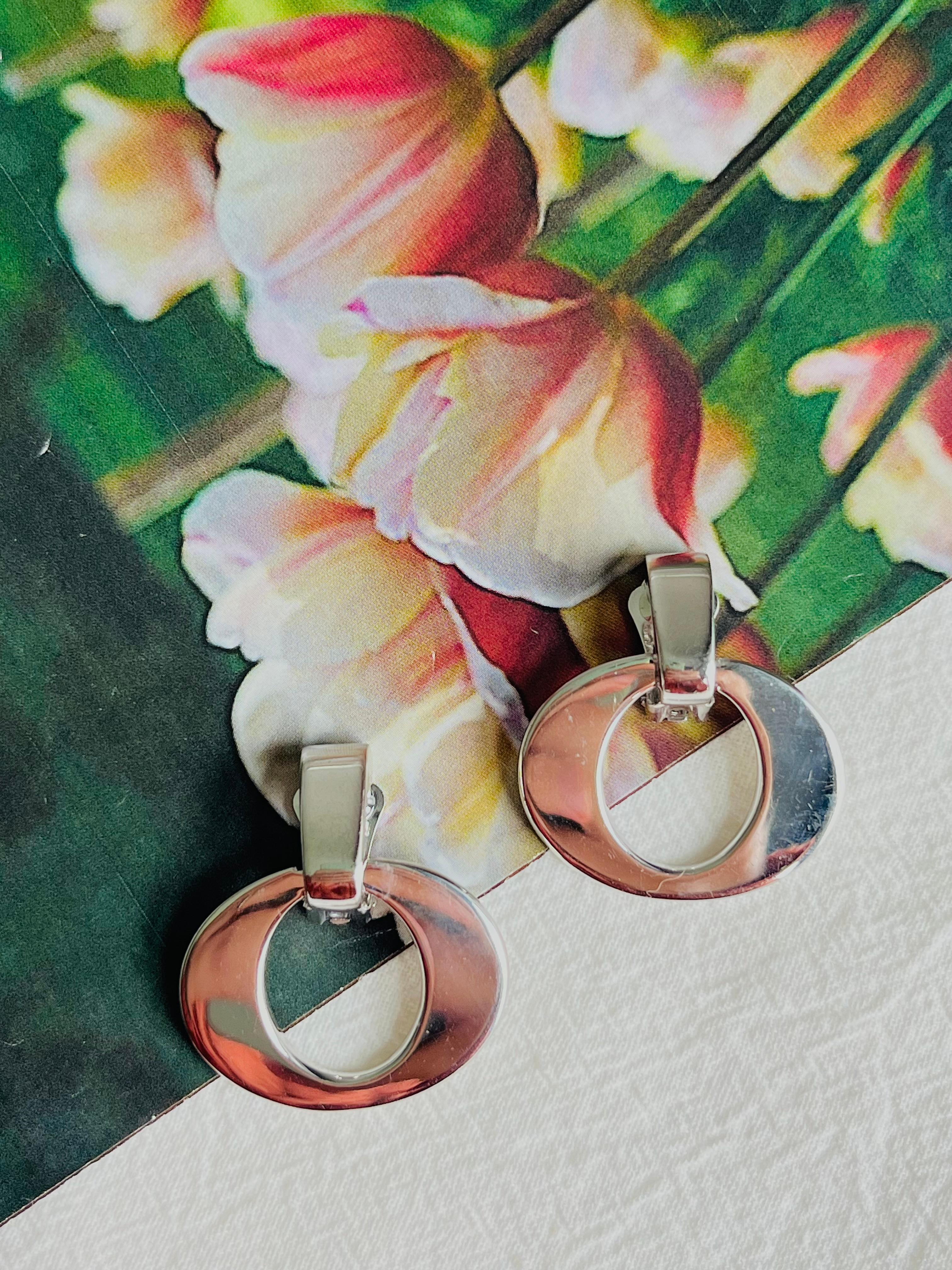 Christian Dior Vintage 1980 Large Oval Hoop Statement Silver Drop Clip Earrings In Excellent Condition In Wokingham, England