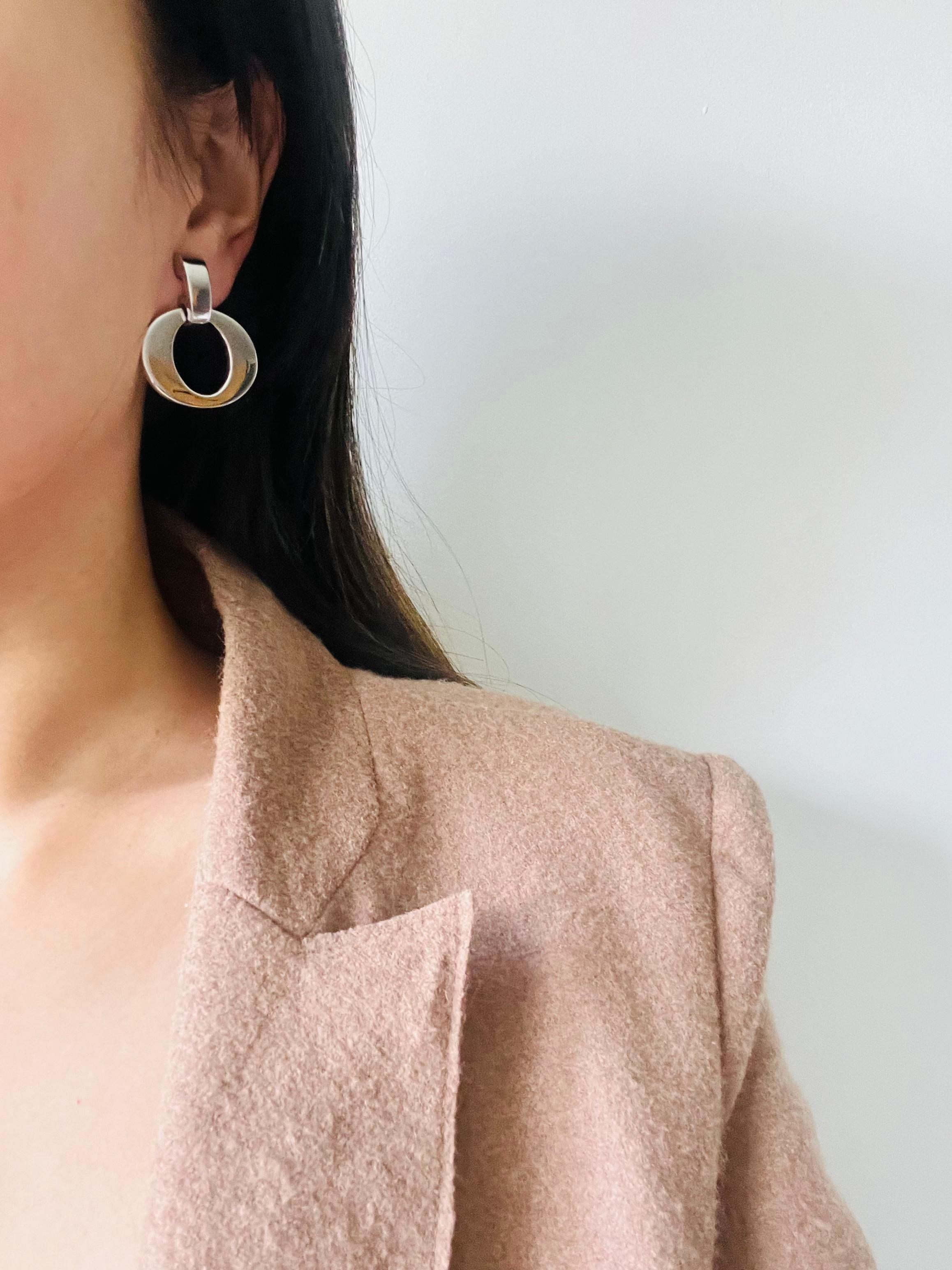 Women's or Men's Christian Dior Vintage 1980 Large Oval Hoop Statement Silver Drop Clip Earrings