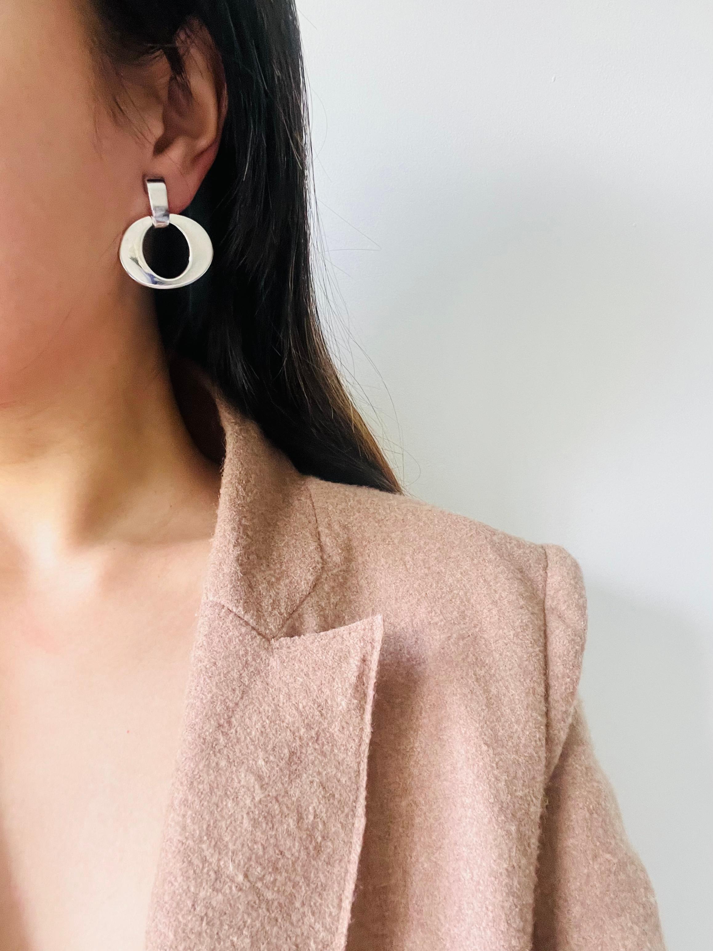 Christian Dior Vintage 1980 Large Oval Hoop Statement Silver Drop Clip Earrings 1