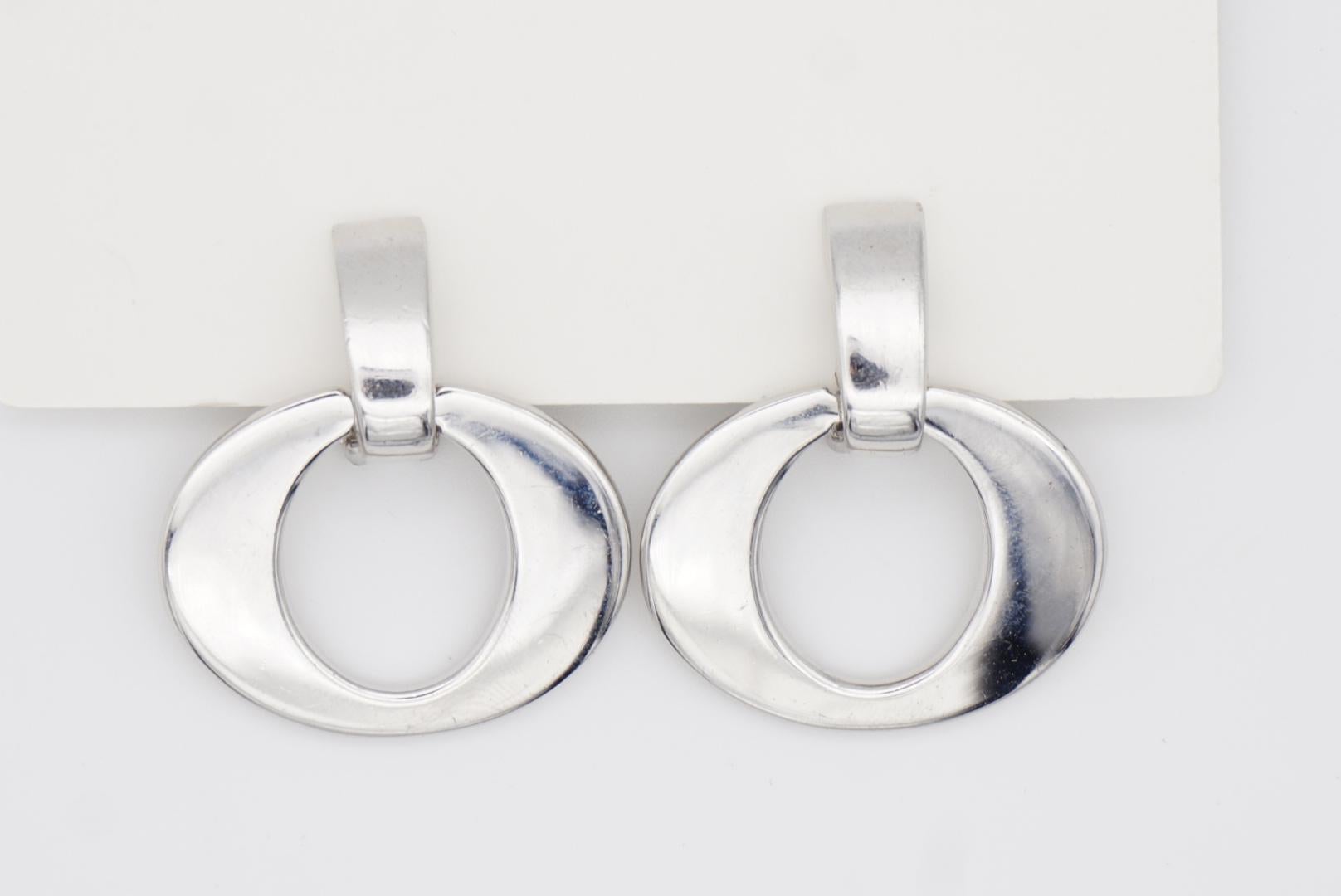 Christian Dior Vintage 1980 Large Oval Hoop Statement Silver Drop Clip Earrings 2