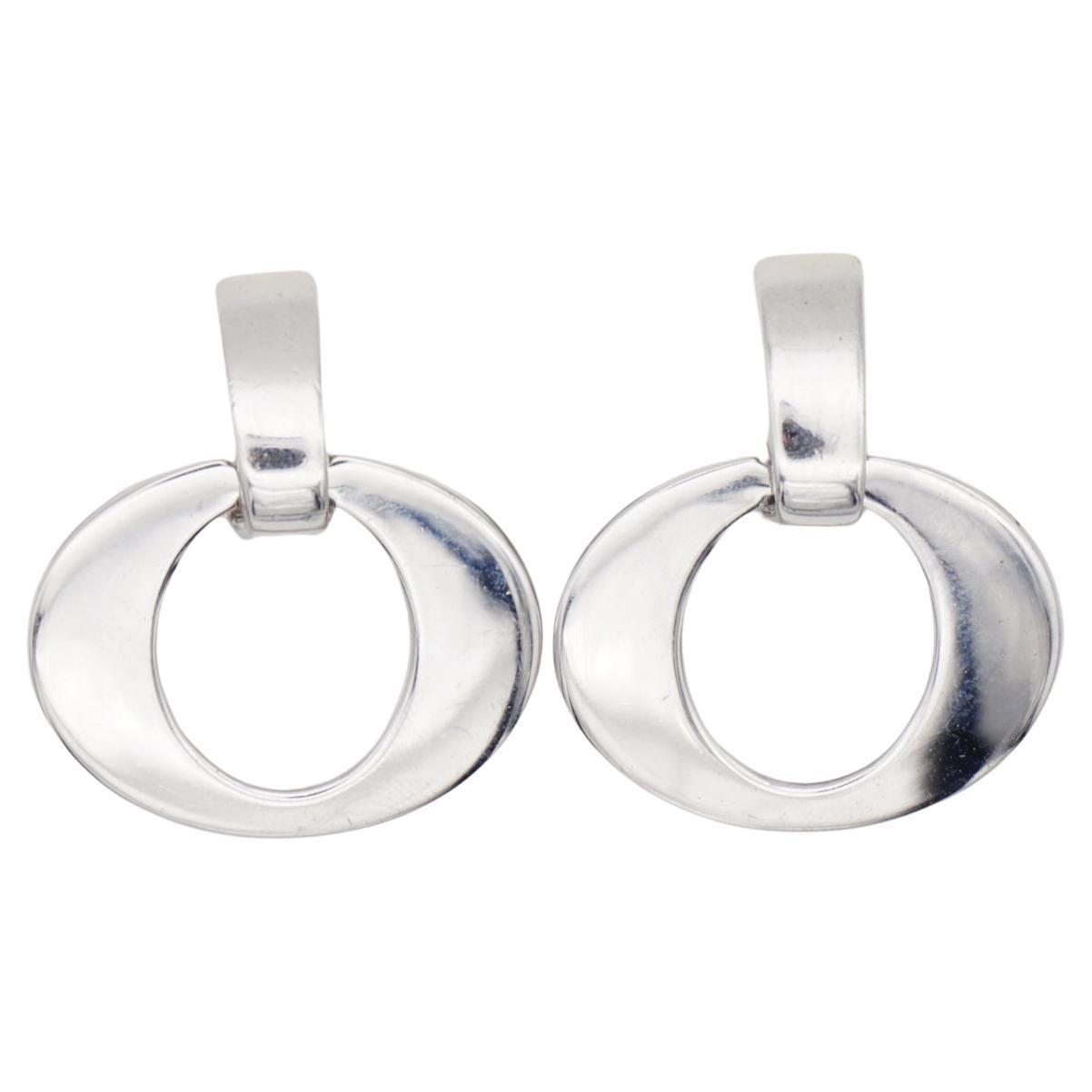 Christian Dior Vintage 1980 Large Oval Hoop Statement Silver Drop Clip Earrings For Sale